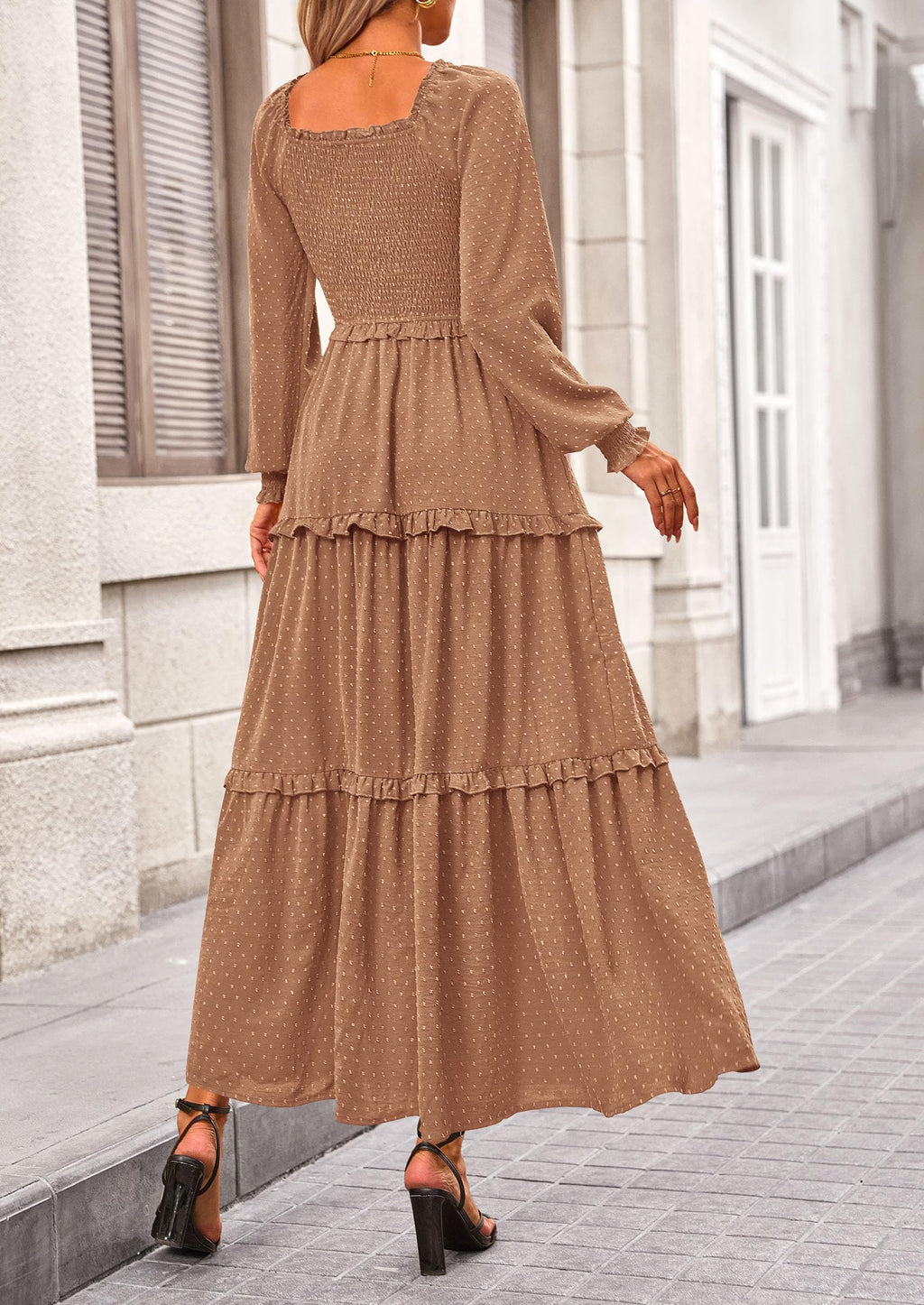 PRETTYGARDEN Fall Dresses for Women Long Sleeve Smocked Square Neck Swiss Dot Tiered Flowy Wedding Guest Maxi Dress