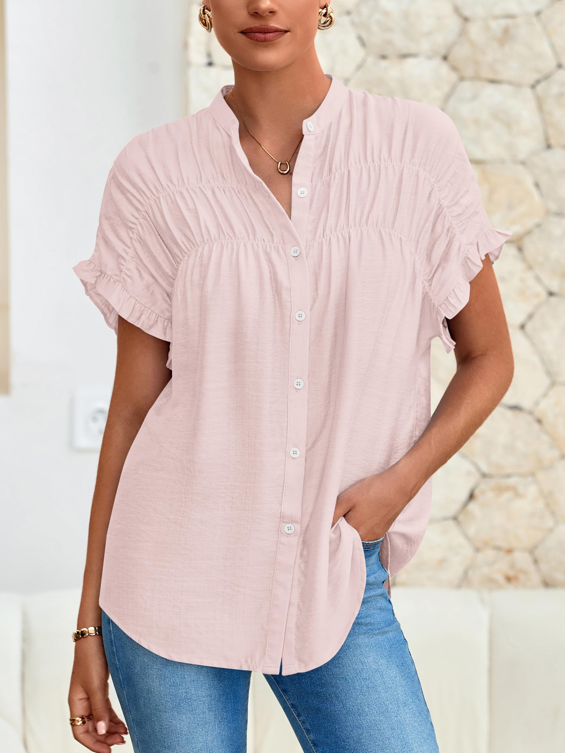 FreshPretty Womens Button Down Shirts Ruffle Short Sleeve Loose Summer Tops Dressy Casual V Neck Business Work Blouses