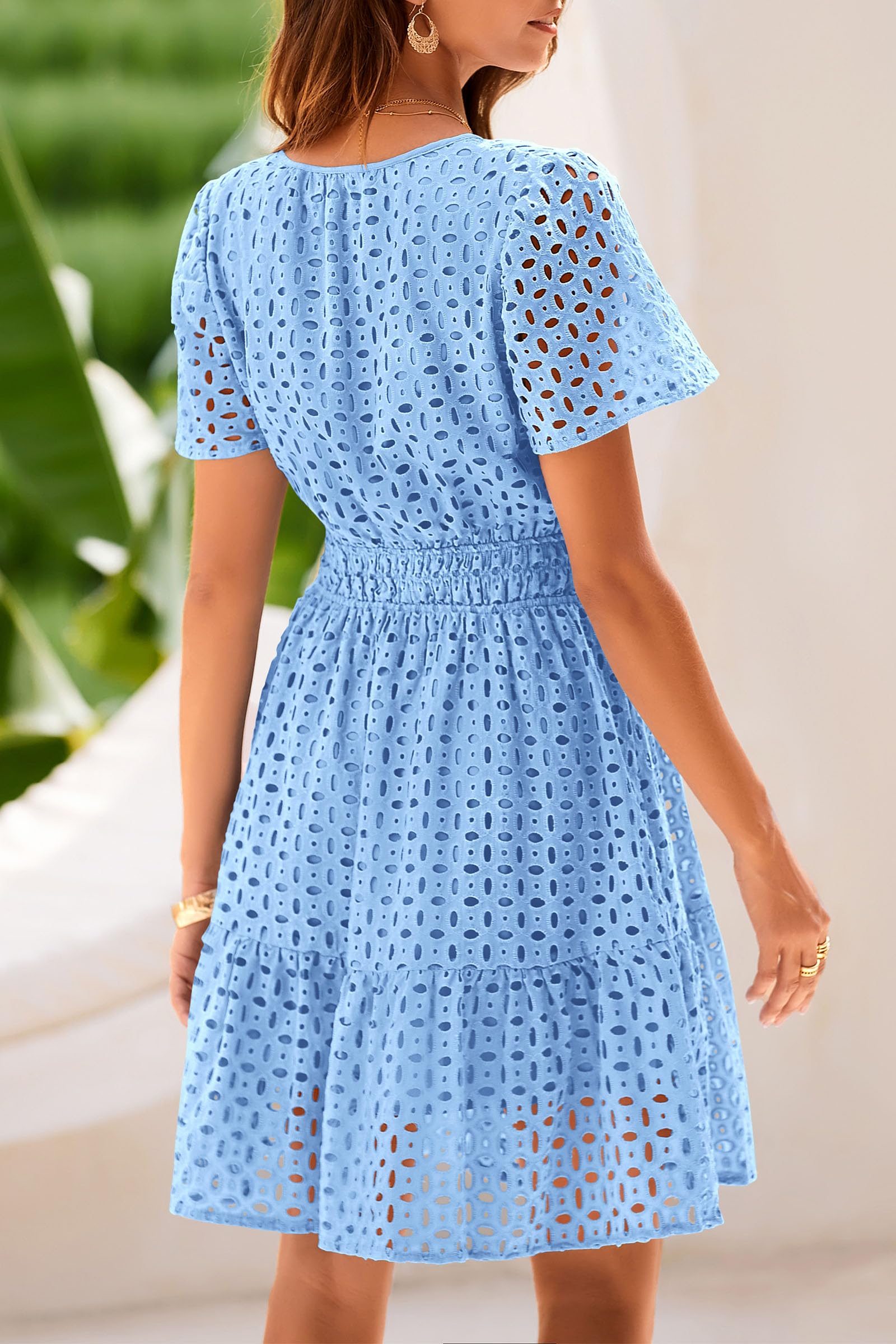 PRETTYGARDEN Womens Summer Short Dress V Neck Short Sleeve A Line Hollow Out Lace Ruffle Cute Casual Beach Party Dresses