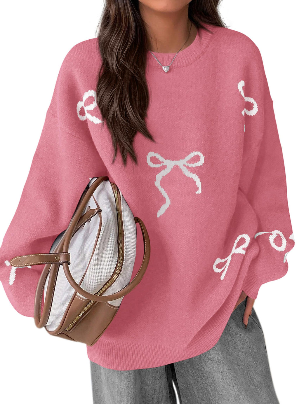 PRETTYGARDEN Fall Long Sleeve Pullover Sweaters for Women Trendy Crewneck Casual Cute Bow Chunky Knit Oversized Sweater