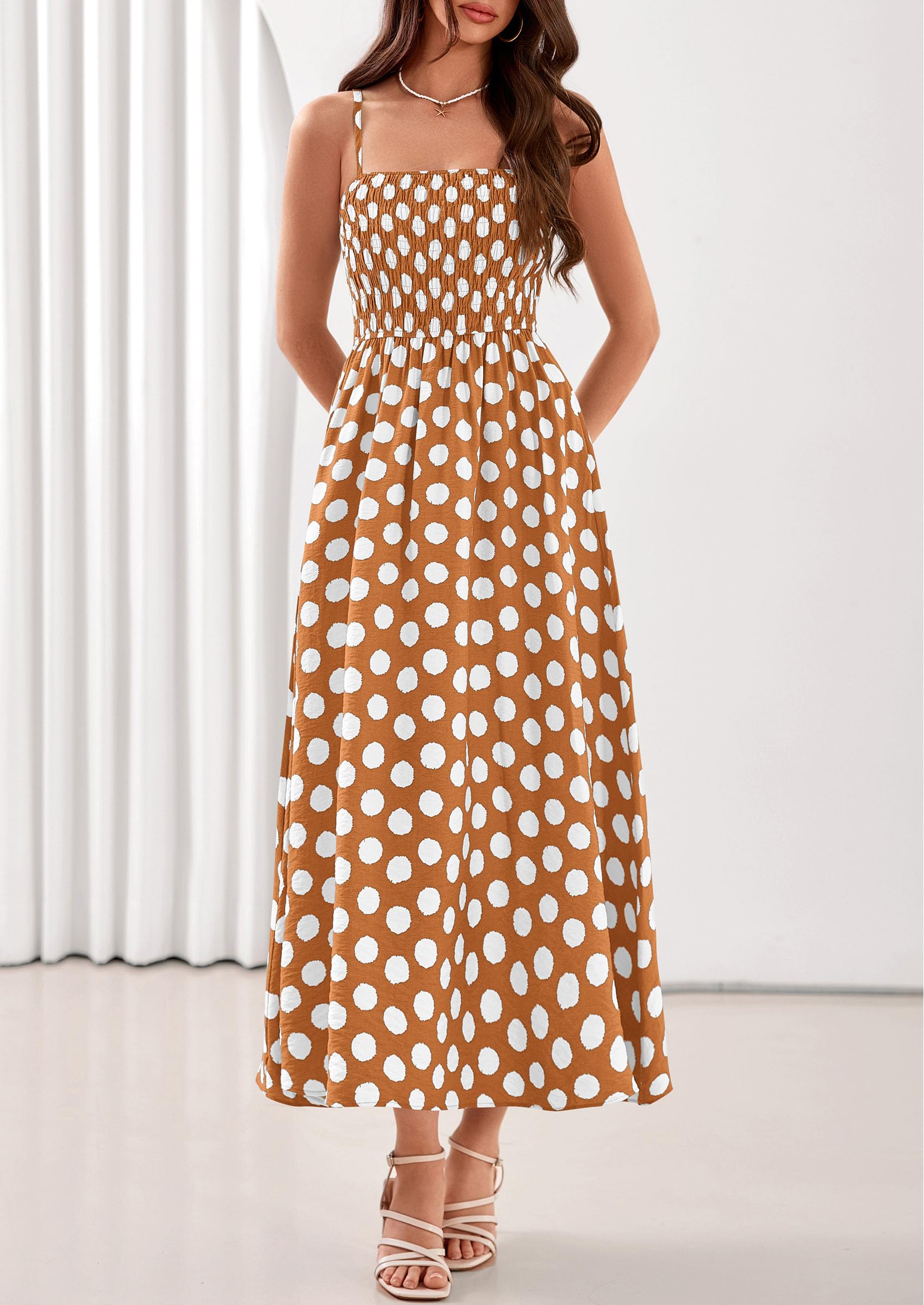 PRETTYGARDEN Womens Polka Dot Dress Summer Sleeveless Spaghetti Straps Smocked Sun Dress Flowy Spring Beach Midi Dresses