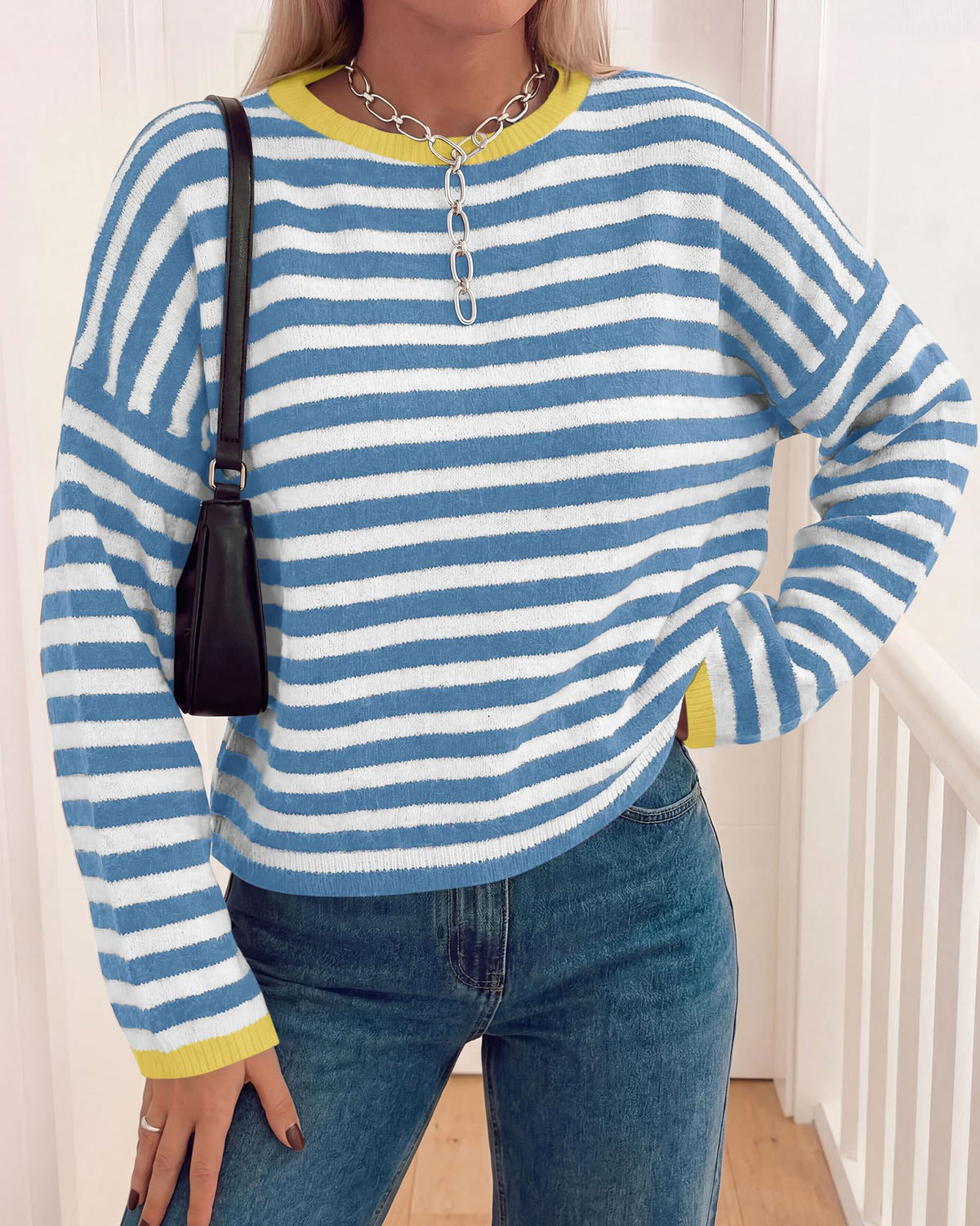 BTFBM Women's Lightweight Oversized Striped Sweater | Soft Knit Cozy Sweaters, Crew Neck Long Sleeve Pullover, y2k Color Block, Casual Holiday Outfits, Winter Fall Clothes