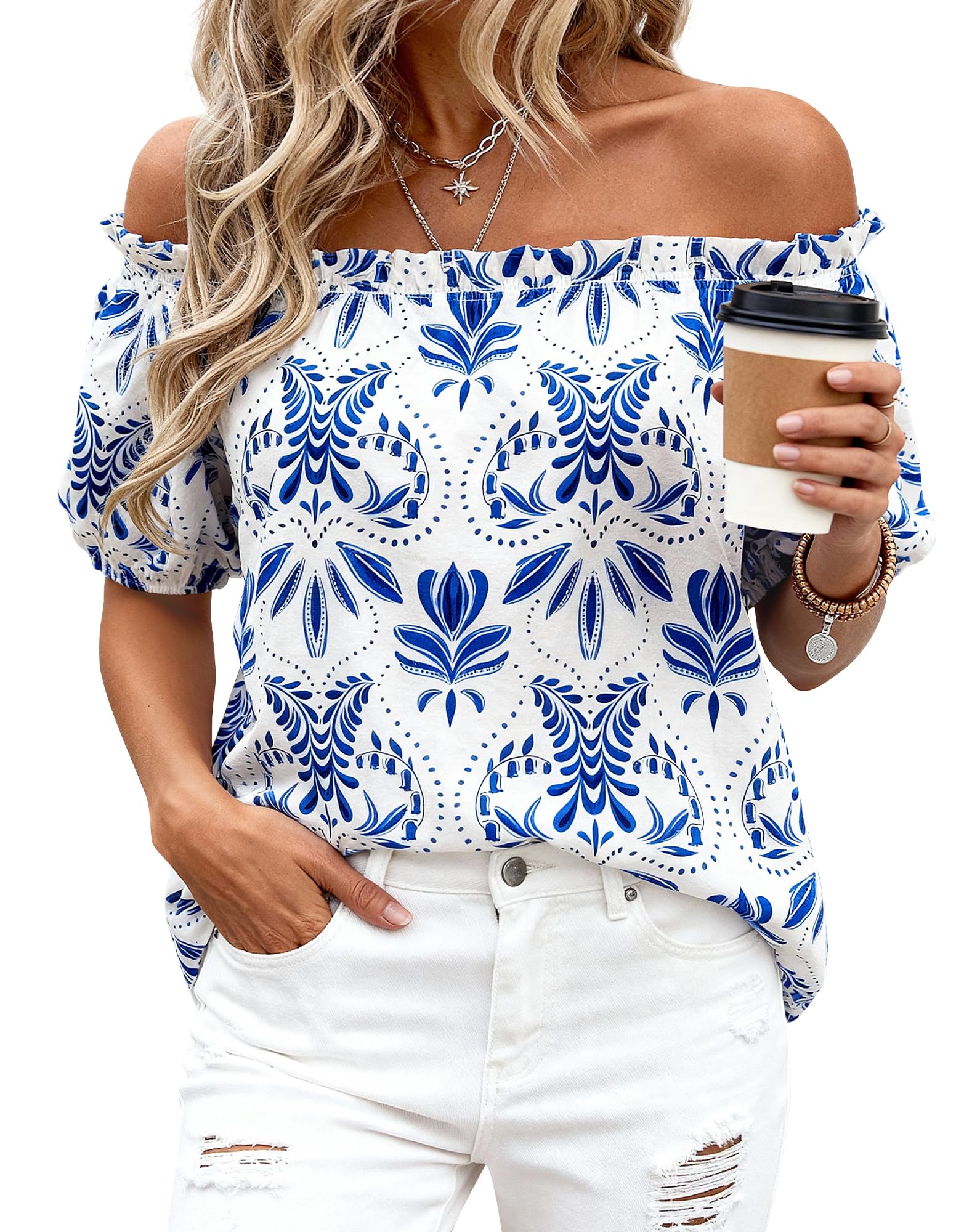 BTFBM Off The Shoulder Spring Tops for Women Summer Blouses Boho Floral Short Sleeve Shirts Dressy Casual Outfits