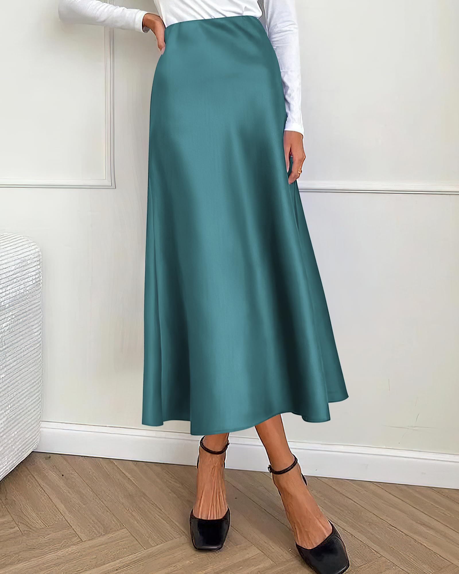 BTFBM Summer Womens Skirts Silk Elegant High Waist Flowy Long Satin A-Line Midi Skirt Cocktail Wedding Party