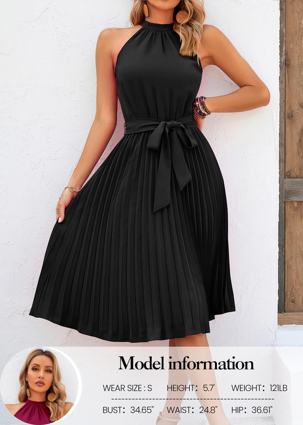 FreshPretty Women's Summer Sleeveless Halter Neck Pleated Midi Cocktail Dresses A Line Flowy Beach Sun Dress with Belt