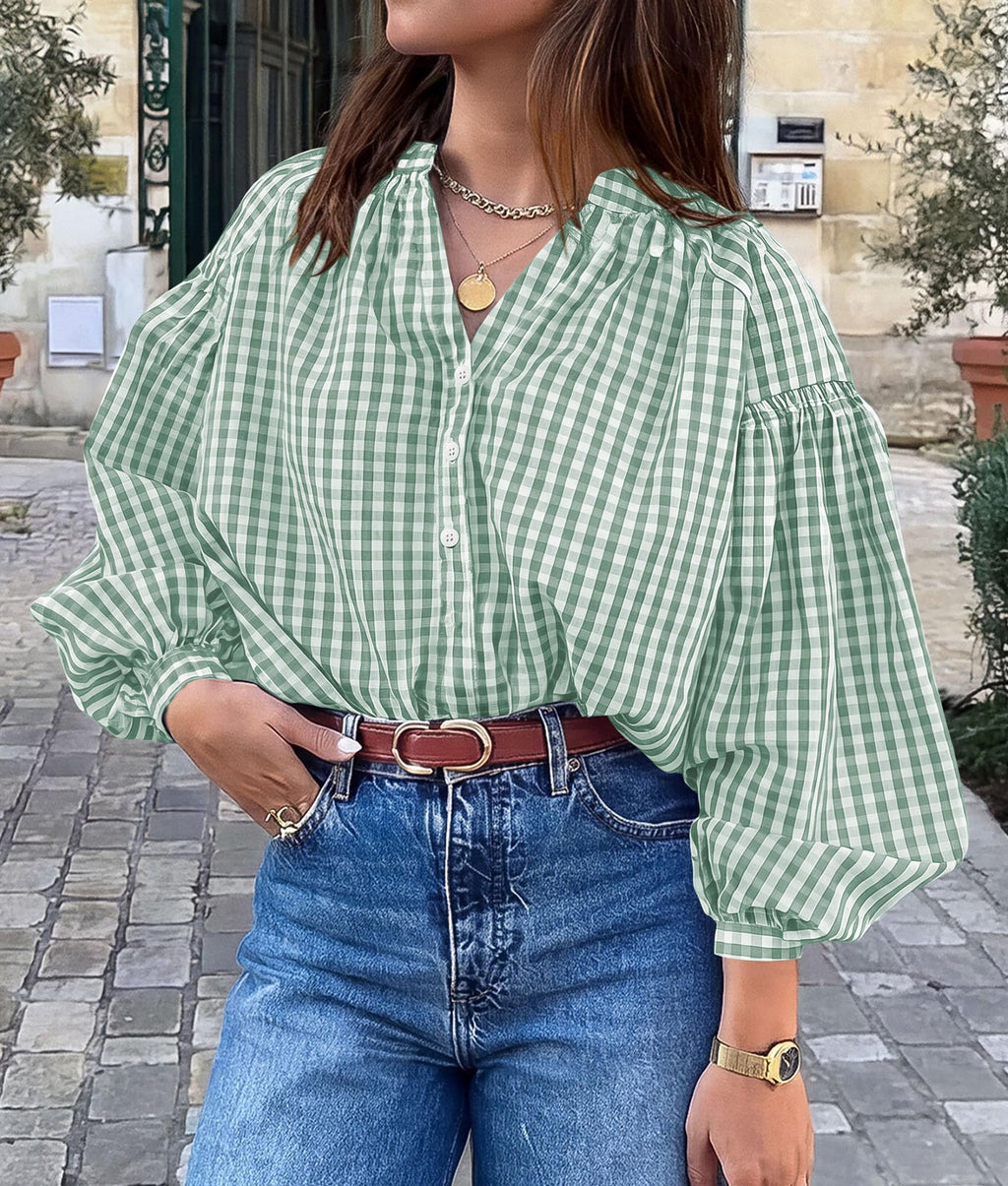 PRETTYGARDEN Women Fall Plaid Long Puff Sleeve Shirts V Neck Casual Blouses Gingham Button Down Oversized, Pleated Drop Shoulder Cotton Tops, Dressy Casual, Work Vacation Travel, Fall Outfits Trendy