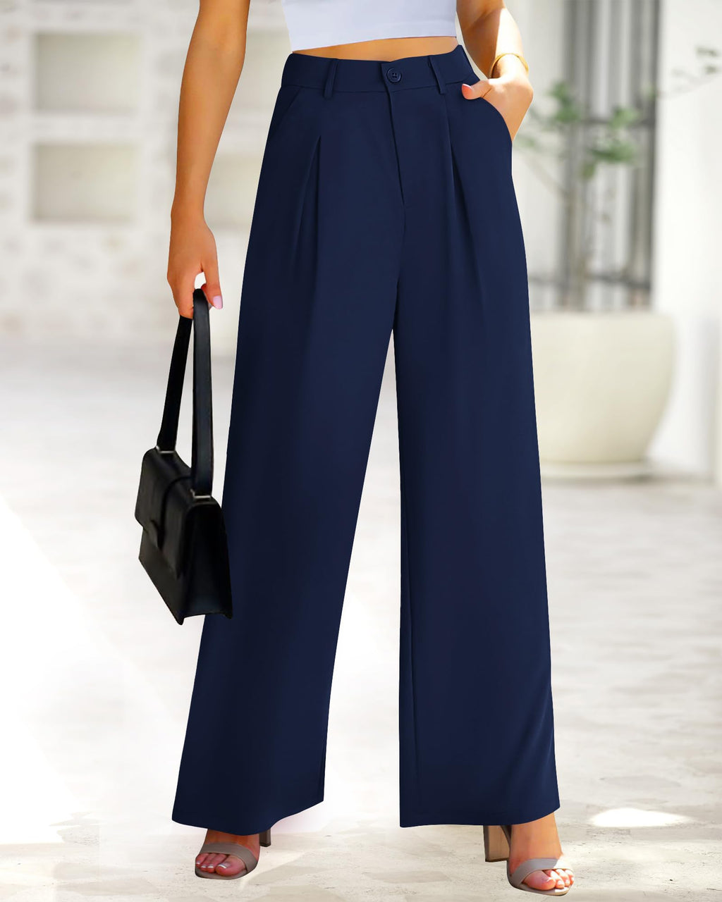 BTFBM Women High Waist Palazzo Pants Spring Casual Wide Leg Trousers Loose Work Office Business Suit Pant Pockets