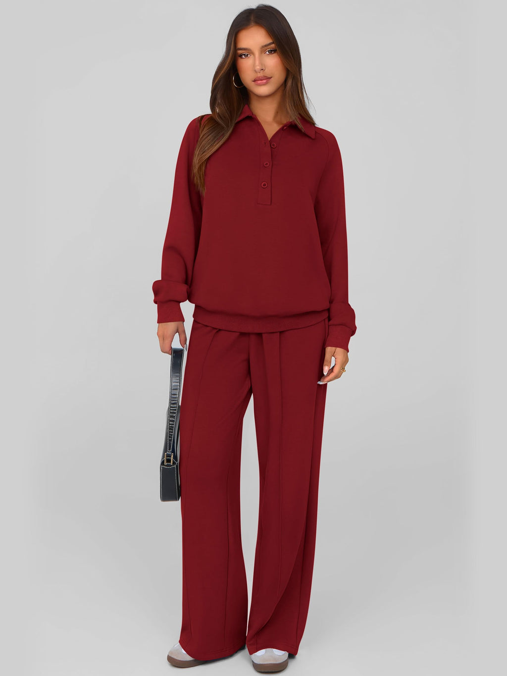 PRETTYGARDEN Women Fall 2 Piece Outfits Sweatsuits Lounge Sets Quarter Button Long Sleeve Sweatshirt, Wide Leg Sweat Pants, Casual 2 Piece Sets Tracksuit, Airport Travel Outfits for Women