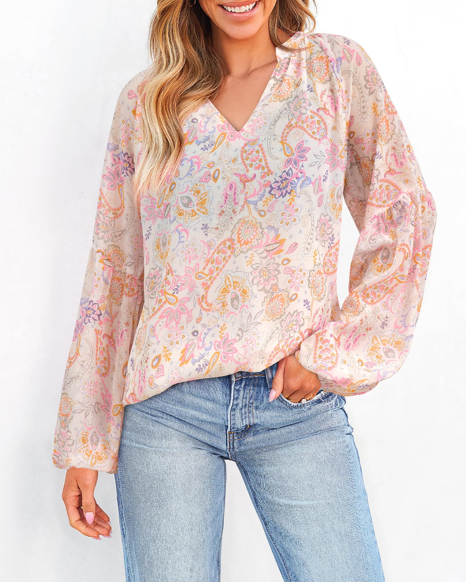 FreshPretty Blouses for Women Floral Boho Tops V Neck Lightweight Long Sleeve Shirts Fall Dressy Casual Vacation Outfits