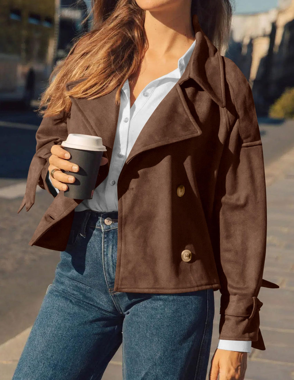 PRETTYGARDEN Women Faux Suede Double Breasted Trench Coat Cropped Jackets Raglan Long Sleeve,Lapel,Tie Cuff,Button Down,Fall Fashion Outerwear,Winter Clothes,Work Office Casual Short Jacket