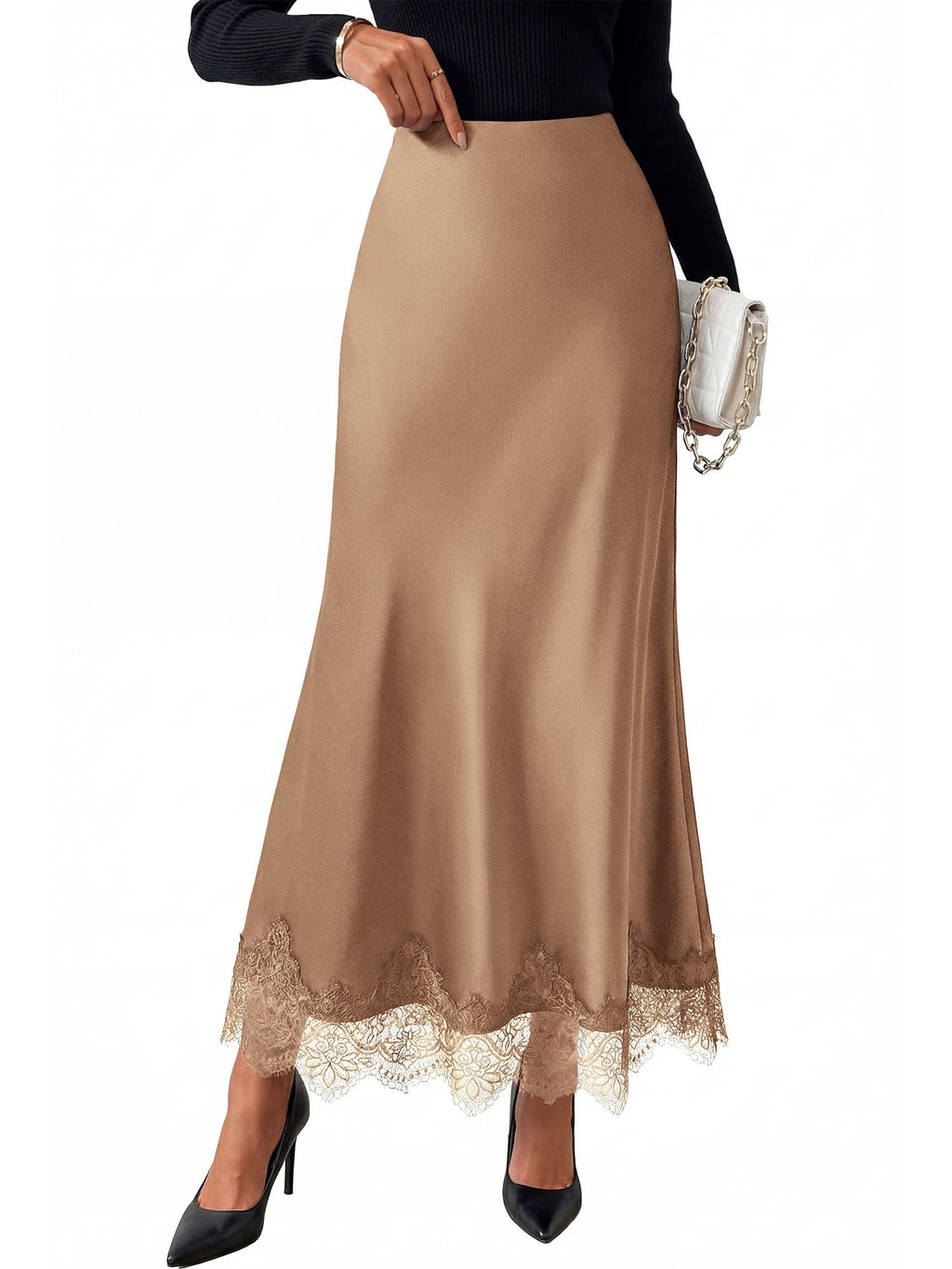 BTFBM Lace Trim Satin Skirts for Women Elegant | Lightweight, High Waist, A-Line, Flowy Maxi Skirt, Wedding, Cocktail, Graduation, Holiday Outfits, Fall Fashion Clothing