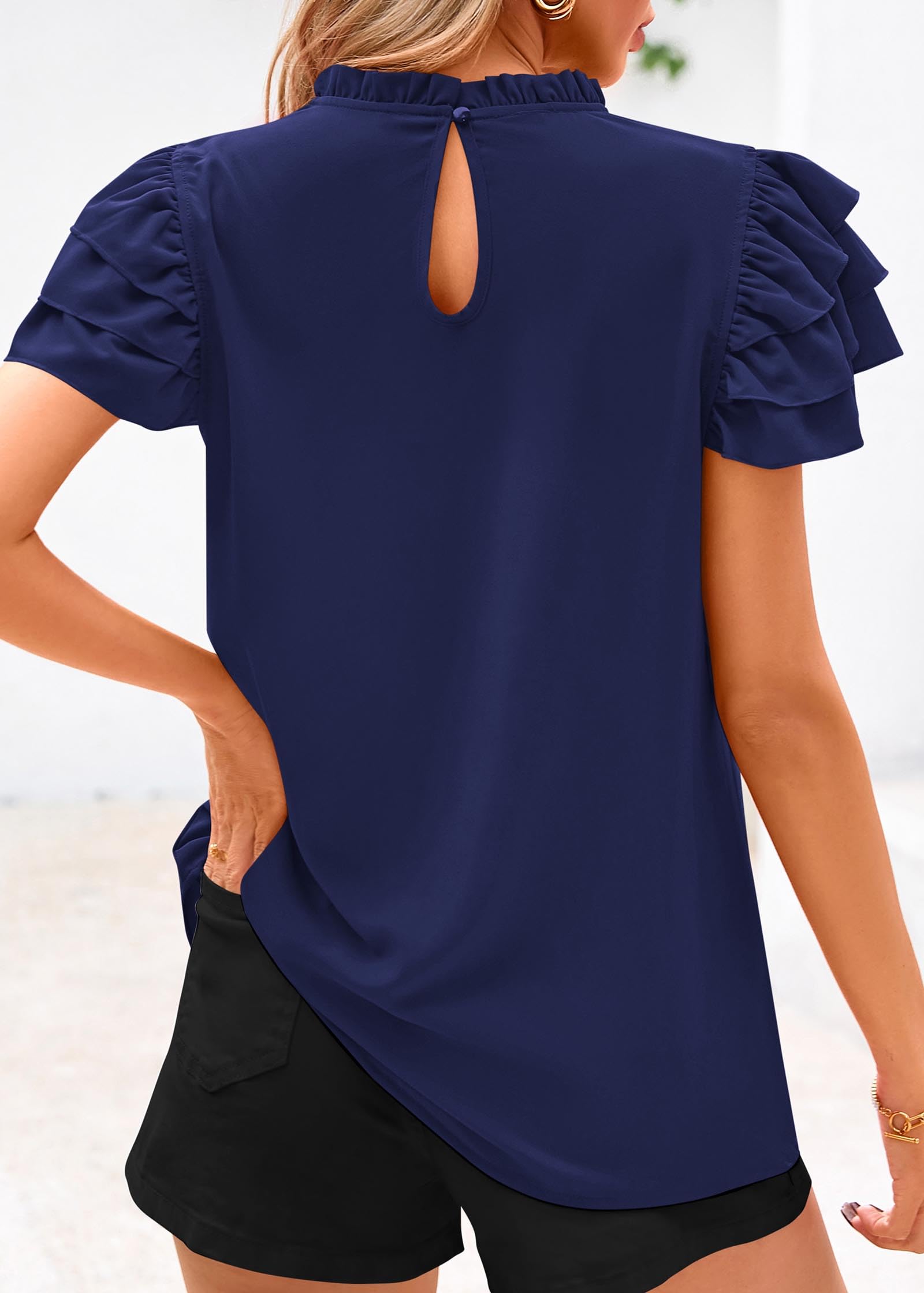 FreshPretty Blouses for Women Dressy Casual Spring Summer Ruffle Short Sleeve Mock Neck Work Shirts Tops Fashion Clothing