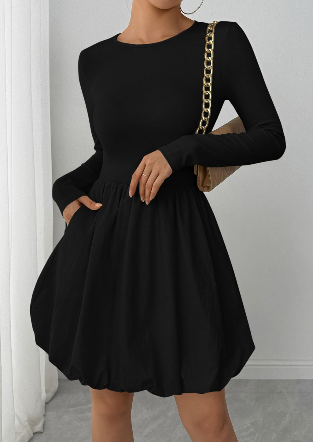 PRETTYGARDEN Fall Dresses for Women Casual Long Sleeve Bubble Cute Crew Neck A Line Mini Short Dress with Pockets