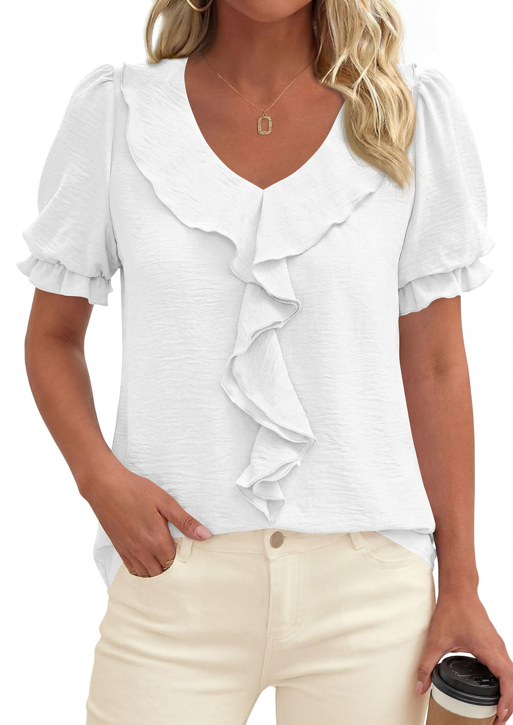 PRETTYGARDEN Women's Summer Dressy Casual Blouses Short Sleeve V Neck Ruffle Business Work Tops Trendy Spring Outfits
