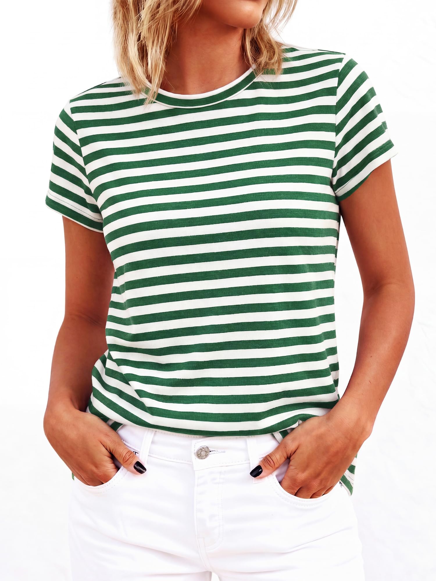 BTFBM Tops for Women Trendy Summer Crew Neck Short Sleeve T Shirts Striped Casual Vacation Blouse Basic Tee