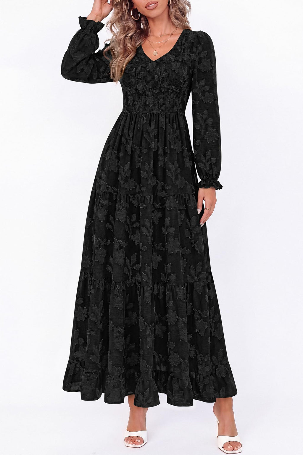 FreshPretty Womens Long Sleeve V Neck Wedding Guest Maxi Dress,Casual Floral Boho Flowy Smocked Long Dresses With Pockets, High Waist, A Line, 2026 Fall Semi Formal Cocktail Party Dress
