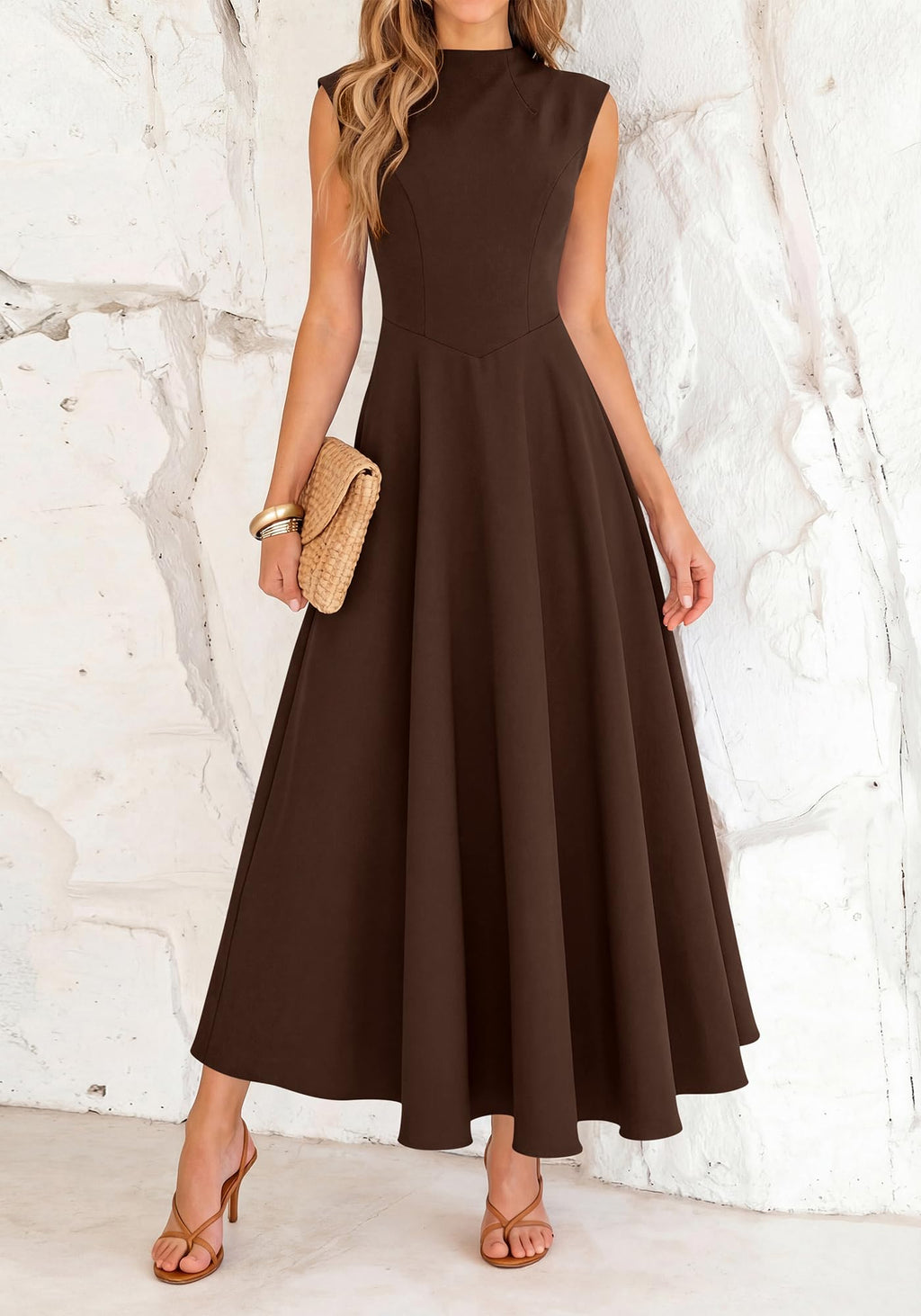 BTFBM Summer Dresses for Women Mock Neck Sleeveless High Waist Flowy Aline Maxi Spring Wedding Guest Dress Cocktail