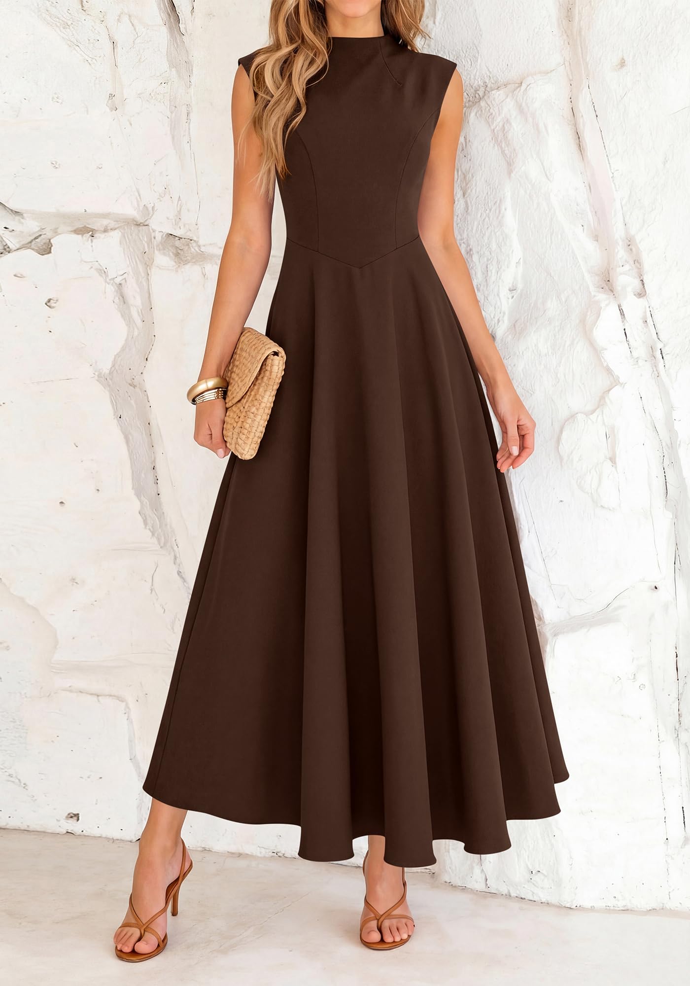 BTFBM Summer Dresses for Women Mock Neck Sleeveless High Waist Flowy Aline Maxi Spring Wedding Guest Dress Cocktail