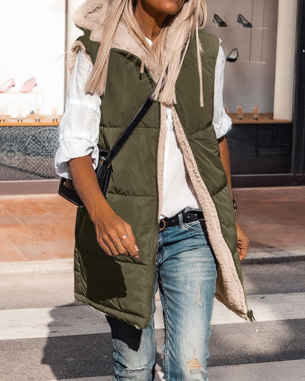 BTFBM Long Puffer Vest Women Fleece Sherpa Jacket Sleeveless Hooded Reversible Zip Up Winter Coat Fall Vests Outerwear
