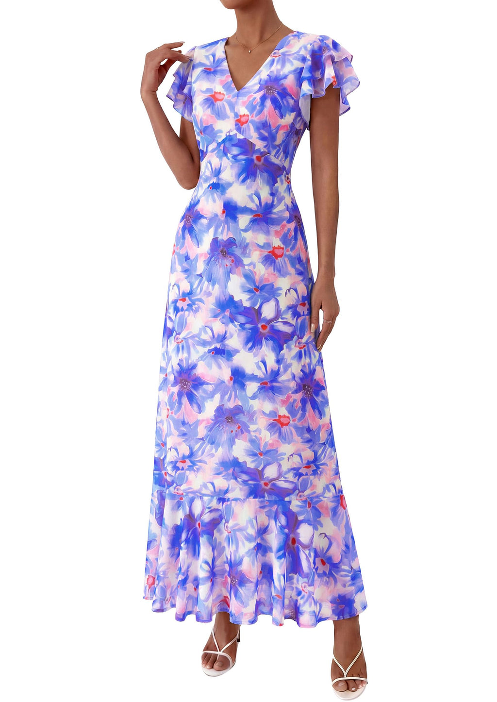 PRETTYGARDEN Womens Summer Floral Maxi Dresses Spring Short Sleeve Ruffle V Neck Flowy Boho Long Beach Vacation Sundress