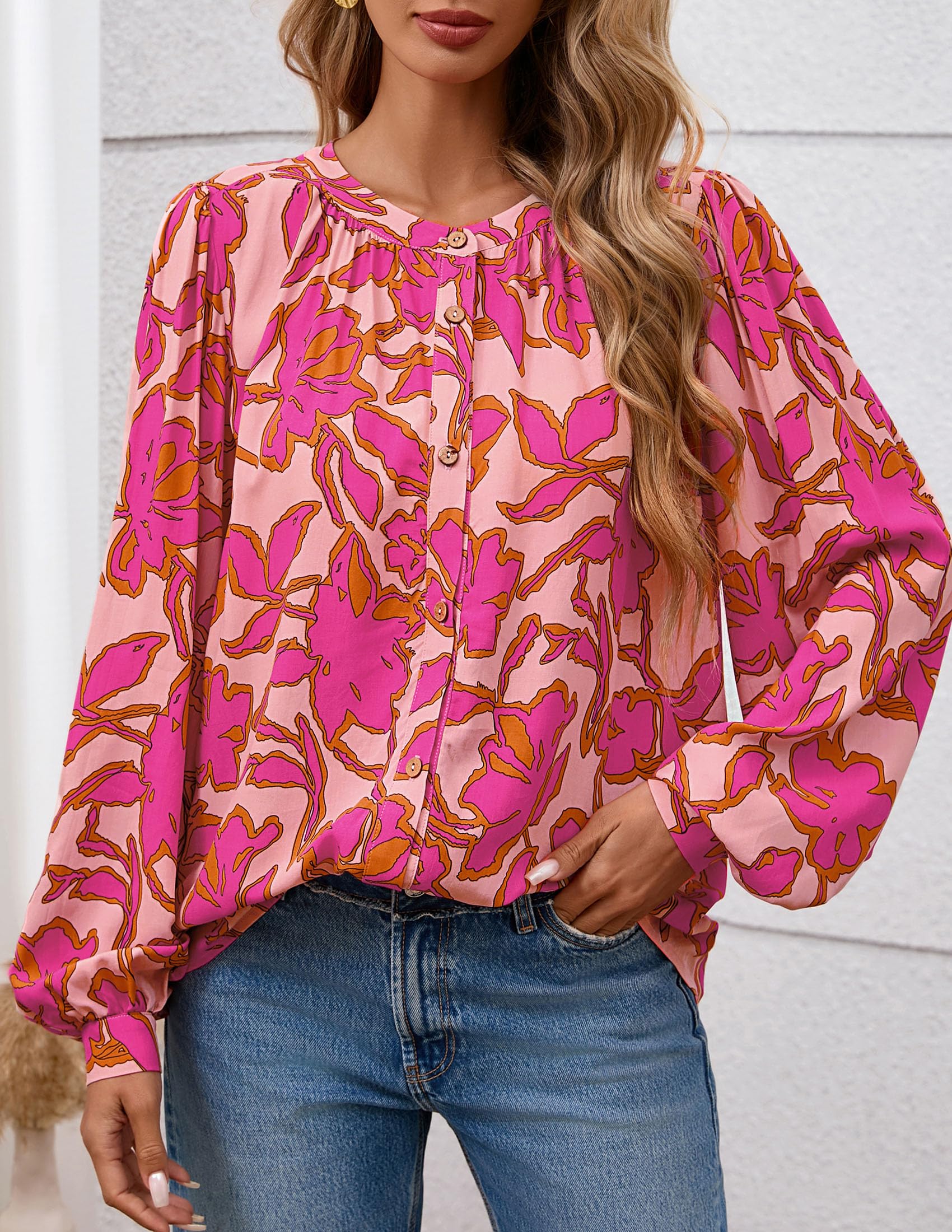 PRETTYGARDEN Women's Floral Button Down Blouse Fall Fashion Dressy Casual Long Sleeve Oversized Shirts Top Boho Clothes