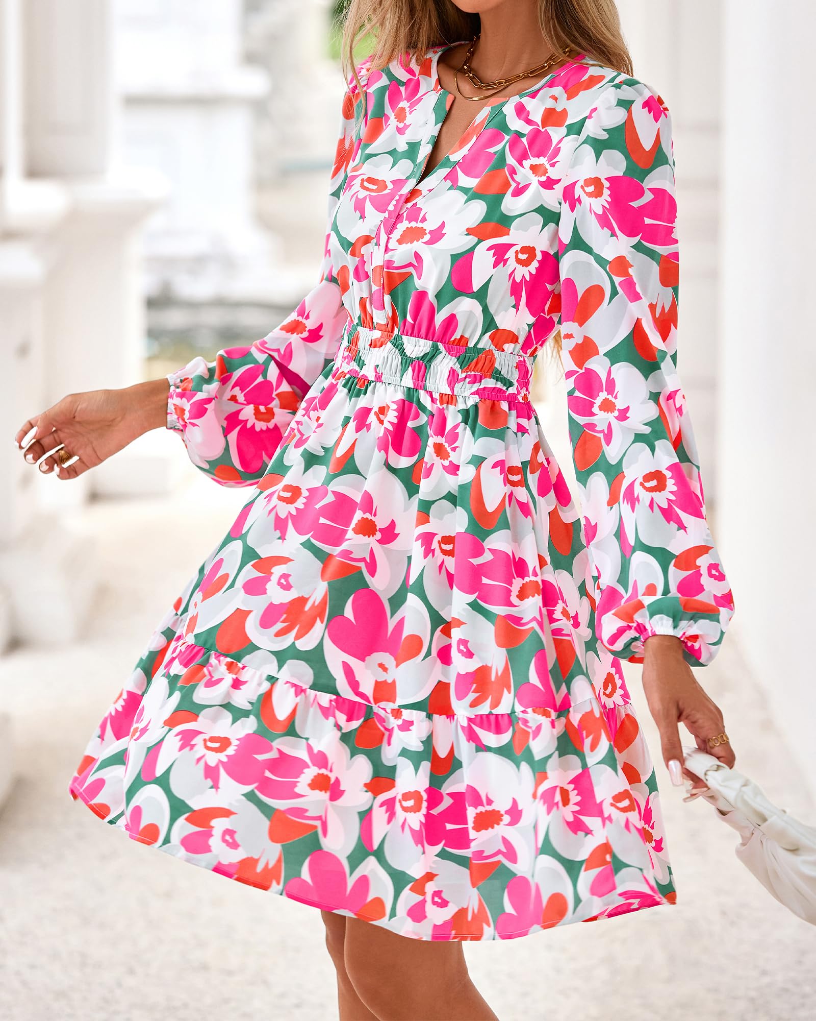 BTFBM Spring Dresses for Women Mini Long Sleeve Elastic Waist Summer Vacation Outfits Floral Wedding Guest Dress