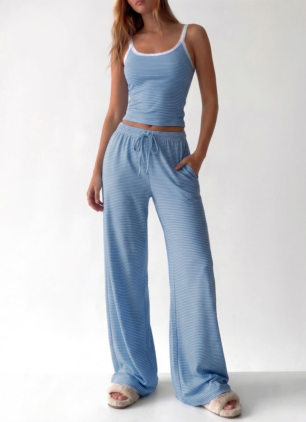 BTFBM Lounge Sets For Women Striped 2 Piece Pajama Sets Spaghetti Strap Tops Wide Leg Pants Beach Vacation Outfits