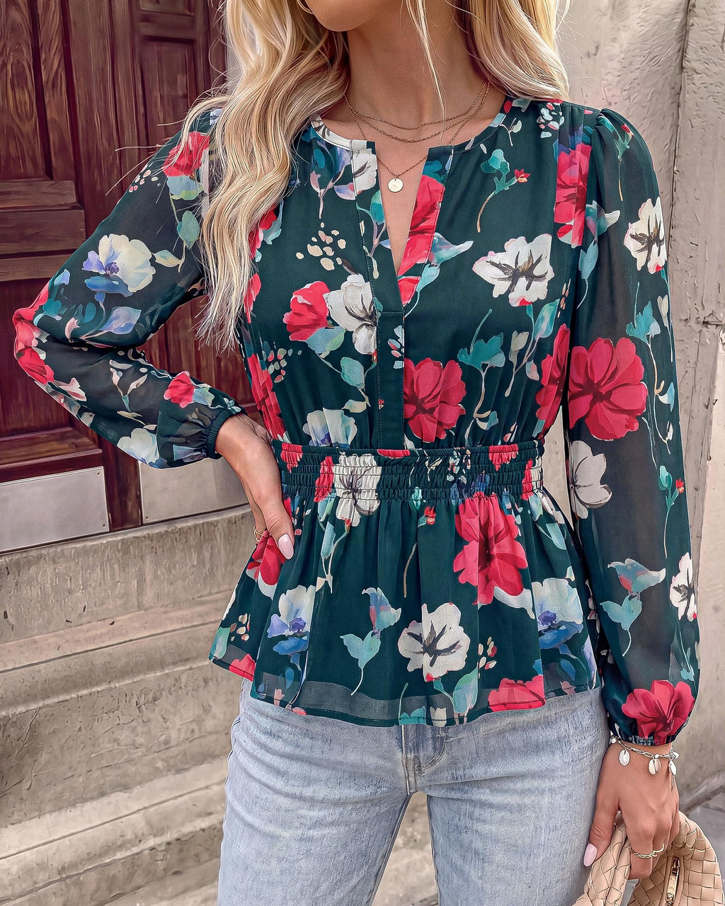 BTFBM Womens Tops Dressy Casual Floral V Neck Long Sleeve Chiffon Shirts | Chiffon Lantern Sleeve Flowy Peplum Sheer Top,Elastic Waist Babydoll Blouses,Boho Vacation Outfits,Fall Fashion Clothing
