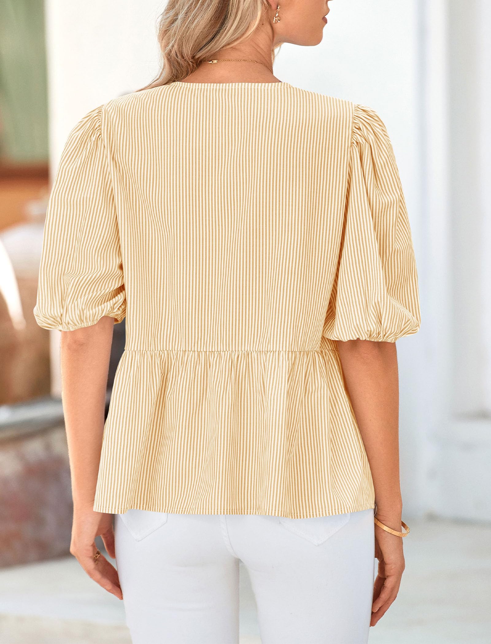 PRETTYGARDEN Women's Tie Front Striped Shirt Summer Trendy Fashion Cute Babydoll Tops Peplum Puffy Sleeve Blouse