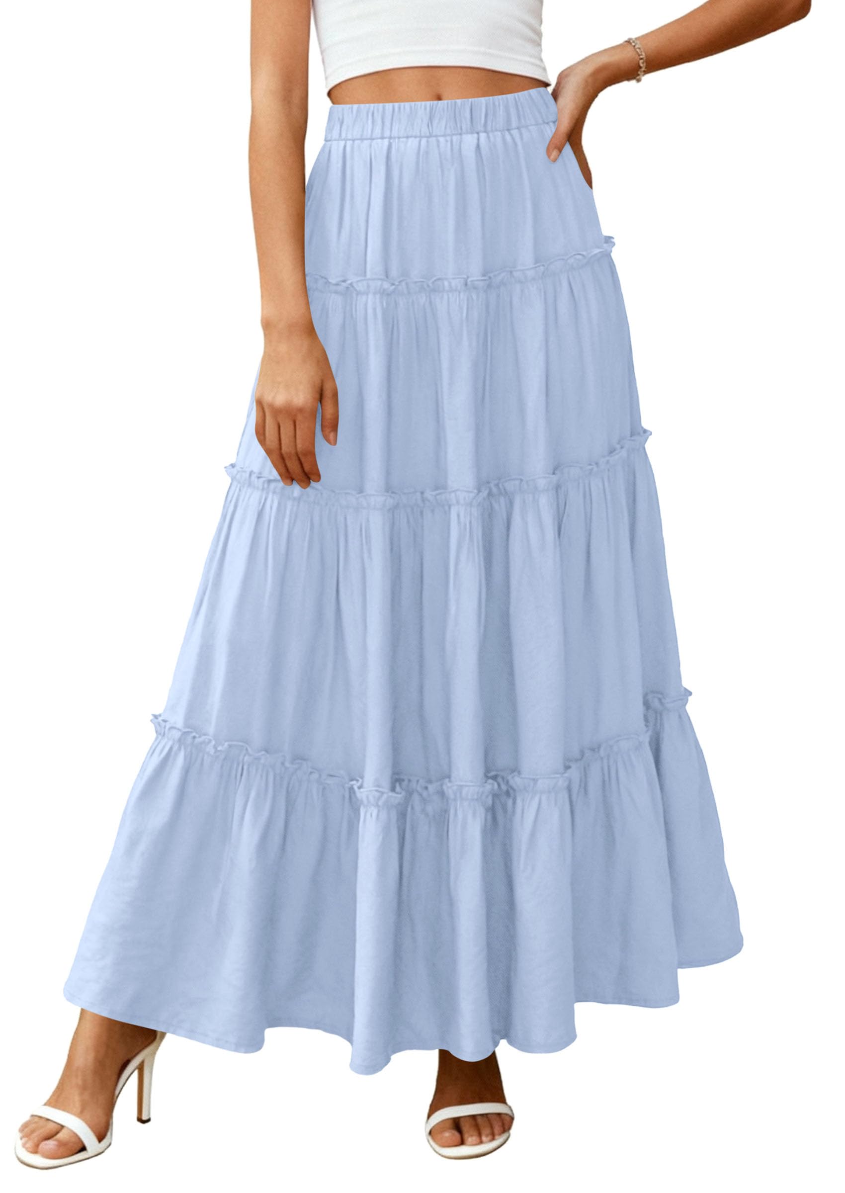 PRETTYGARDEN Women's Tiered Maxi Skirt Summer Spring Fashion High Waisted Long Flowy Casual Boho Beach Vacation Clothes