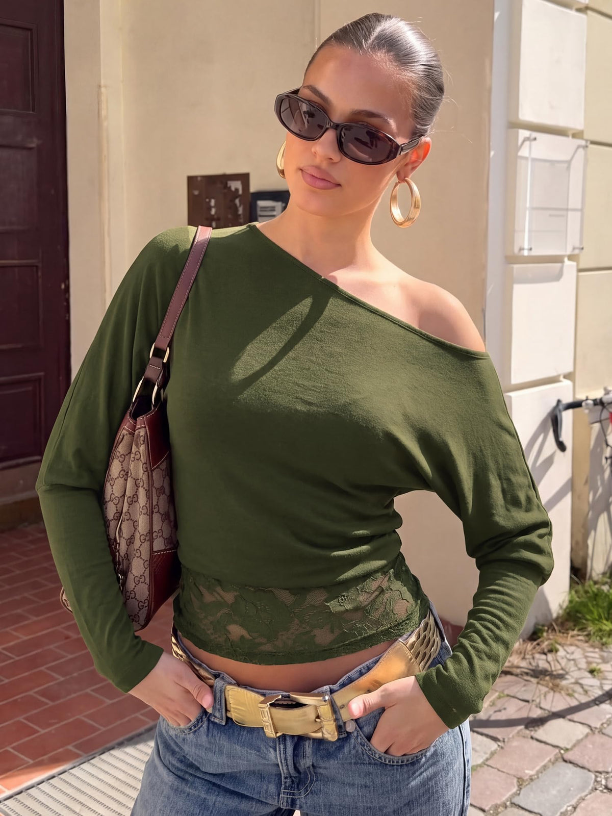 FreshPretty Womens Asymmetrical Off The Shoulder Tops Sexy Fall Outfits Shirts,Feminine Lace Long Sleeve Top,Casual Comfy Fitted Blouse,Trendy Y2K T-Shirt For Going Out Streetwear Fashion Clothing