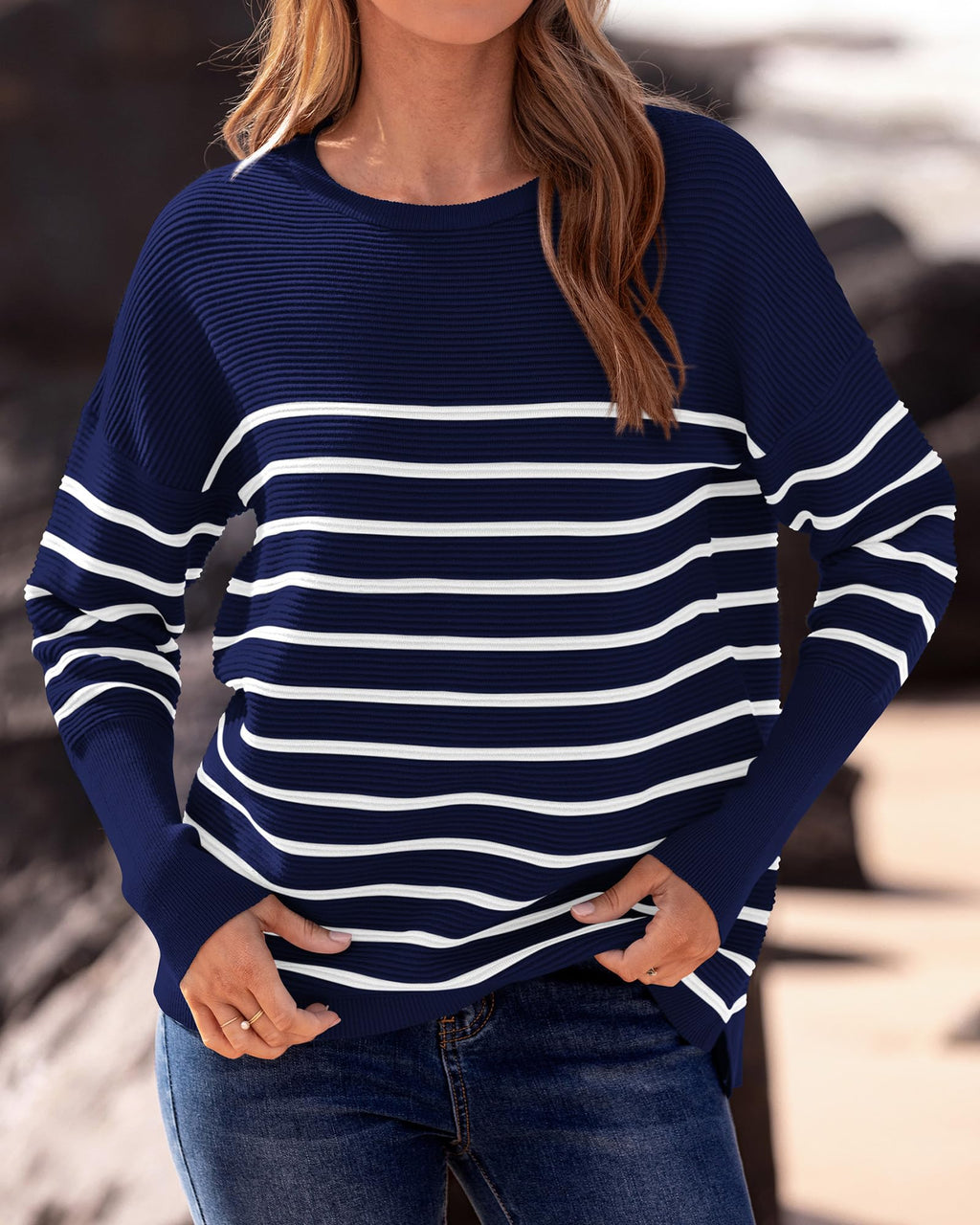 FreshPrettyFall Sweaters for Women Casual Long Sleeve Sweater Striped Loose Fit Pullover Tops