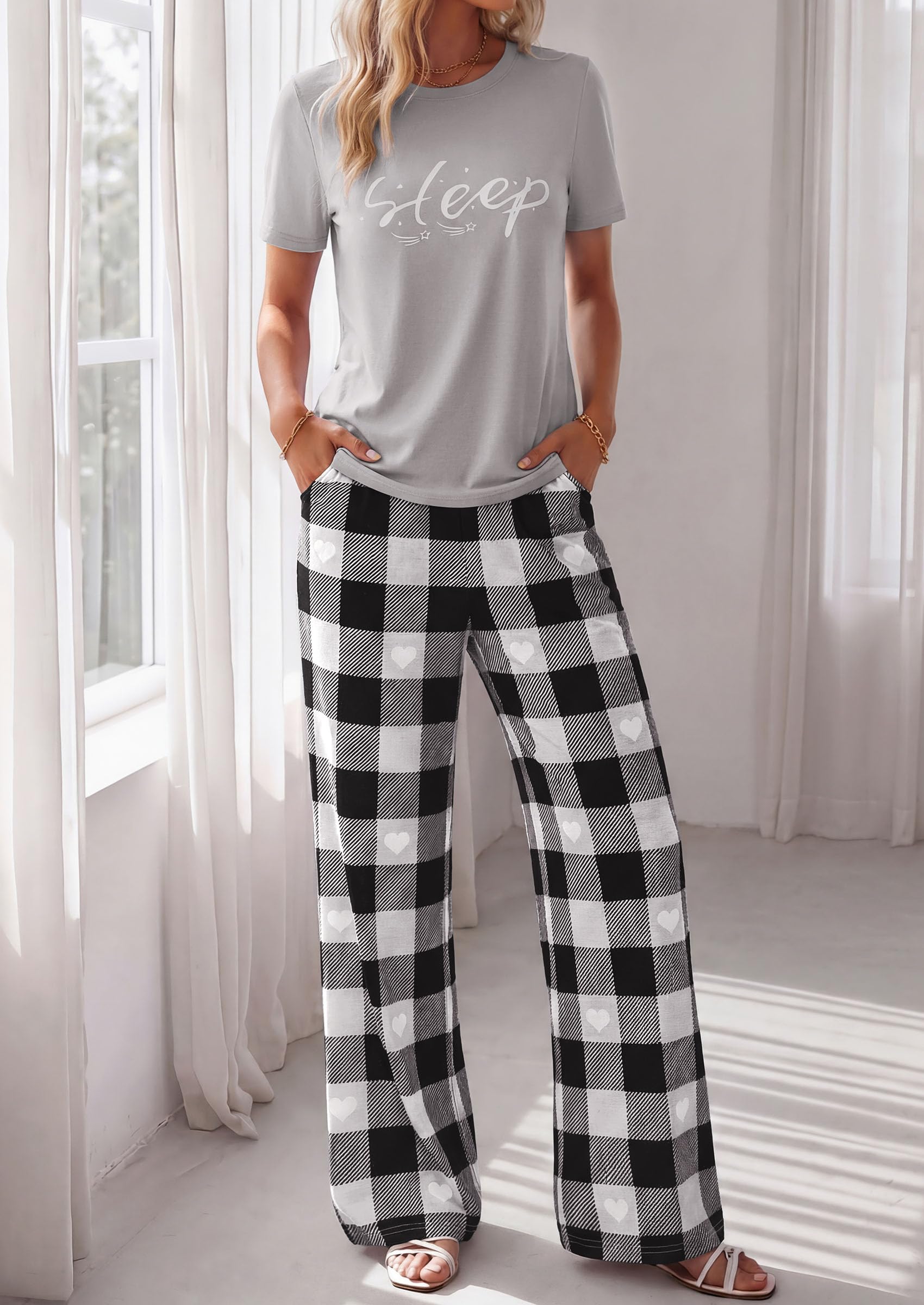 PRETTYGARDEN Womens Pajama Sets 2 Piece Lounge PJ Set Summer Soft Sleepwear Short Sleeve Top Loose Pants Spring Outfits