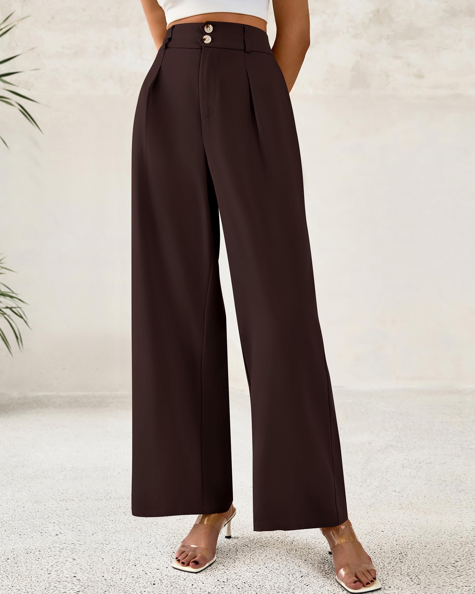 BTFBM Women Wide Leg Dress Pants High Waisted Button Pleated Business Casual Trousers Office Work Palazzo Pants