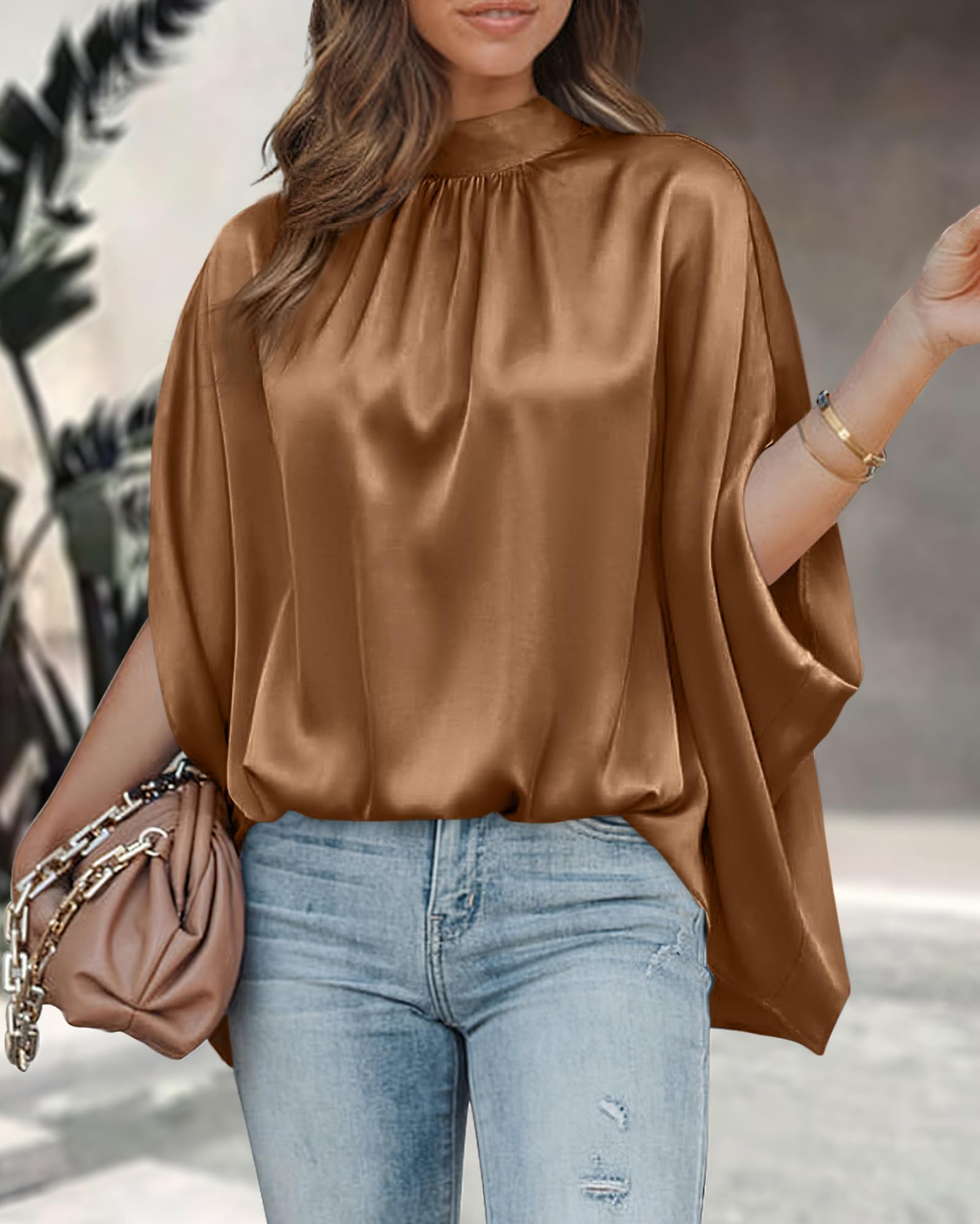 BTFBM Womens Summer Tops Mock Neck Batwing Sleeve Silk Satin Shirts Loose Oversized Dressy Casual Spring Blouses