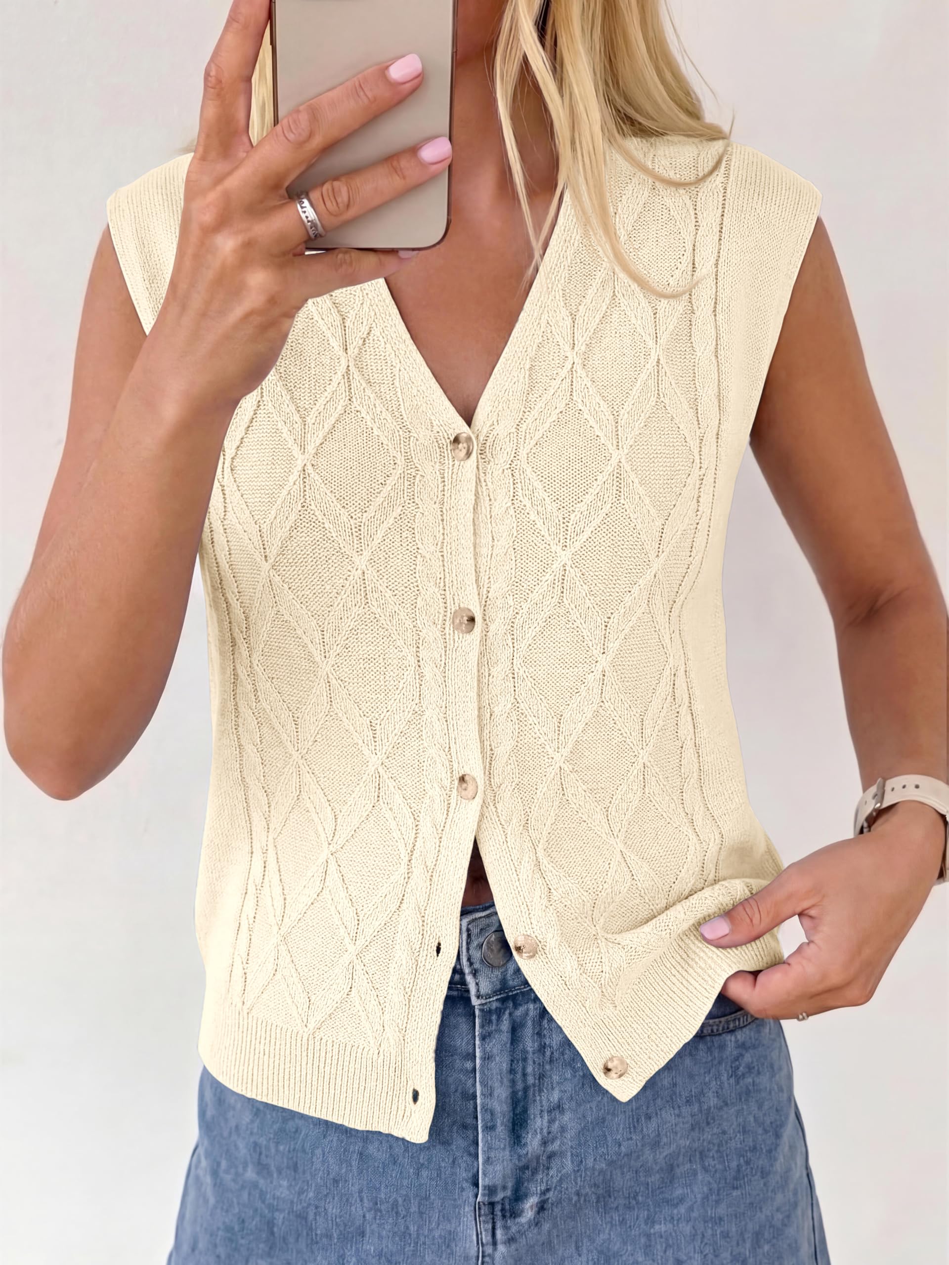 BTFBM Vest Tops for Women Summer V Neck Button Loose Lightweight Cardigan Knit Cap Sleeve Sweater Vests Fashion Clothing