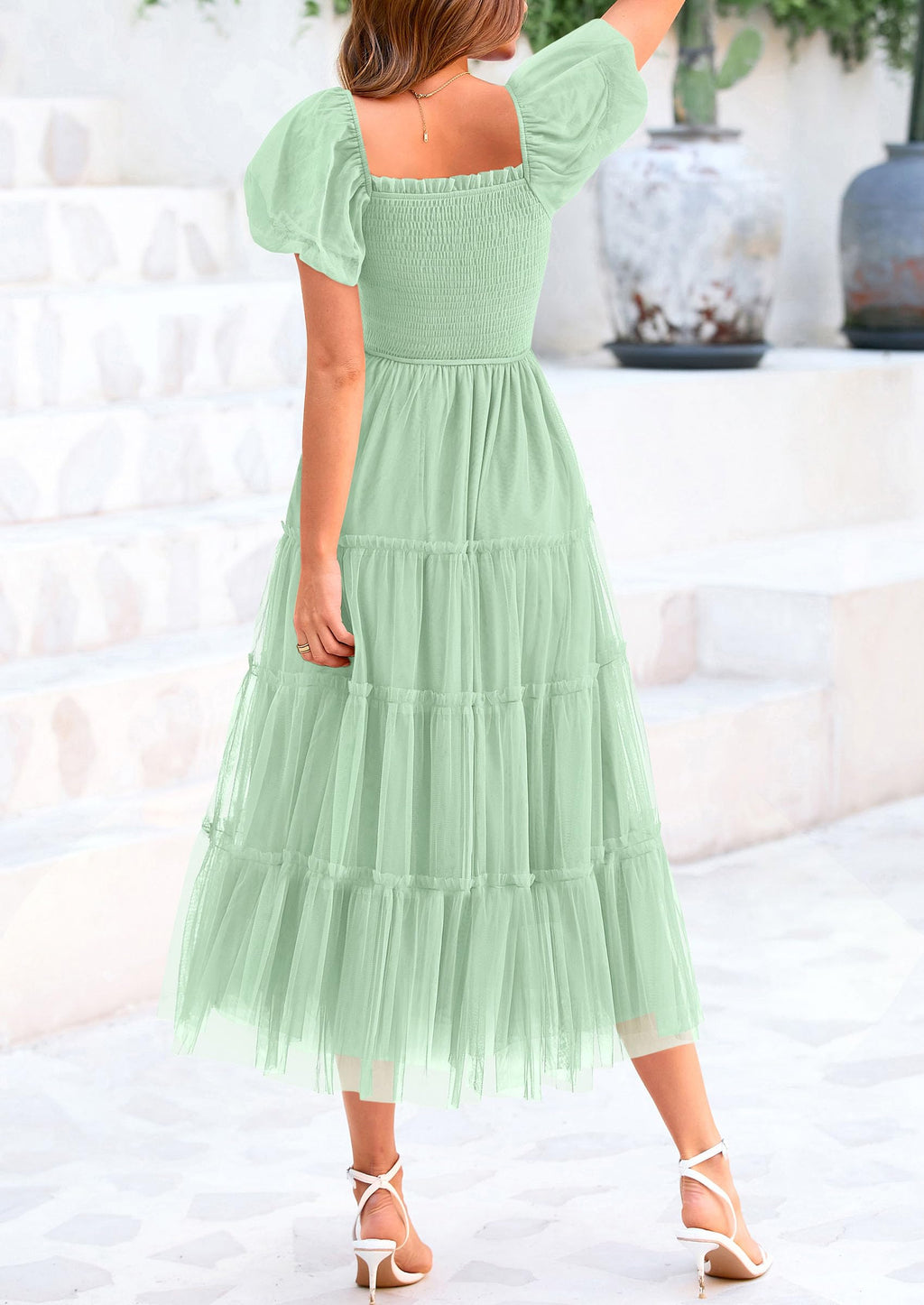 PRETTYGARDEN Women's Smocked Midi Tulle Dress  Summer Puffy Short Sleeve Square Neck Ruffle Wedding Guest Party Dresses