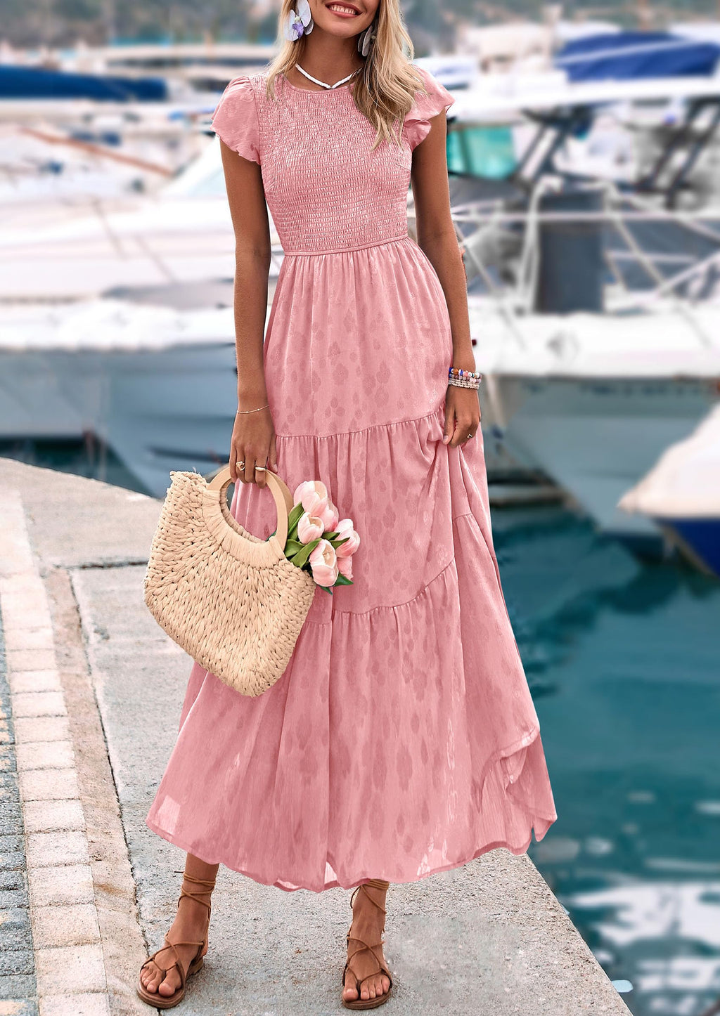 PRETTYGARDEN Wedding Guest Dresses for Women Summer Floral Cap Sleeve Smocked A Line Long Elegant Party Boho Dress