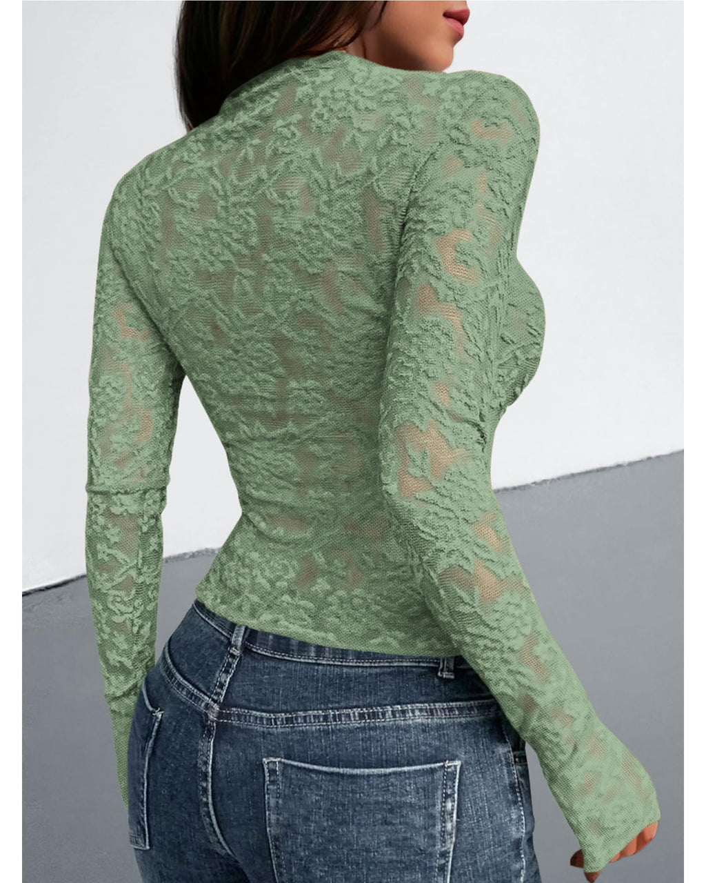 BTFBM Mesh Long Sleeve Tops for Women Lace Sheer Tight See Through Crew Neck Spring Fall Party Club Outfits