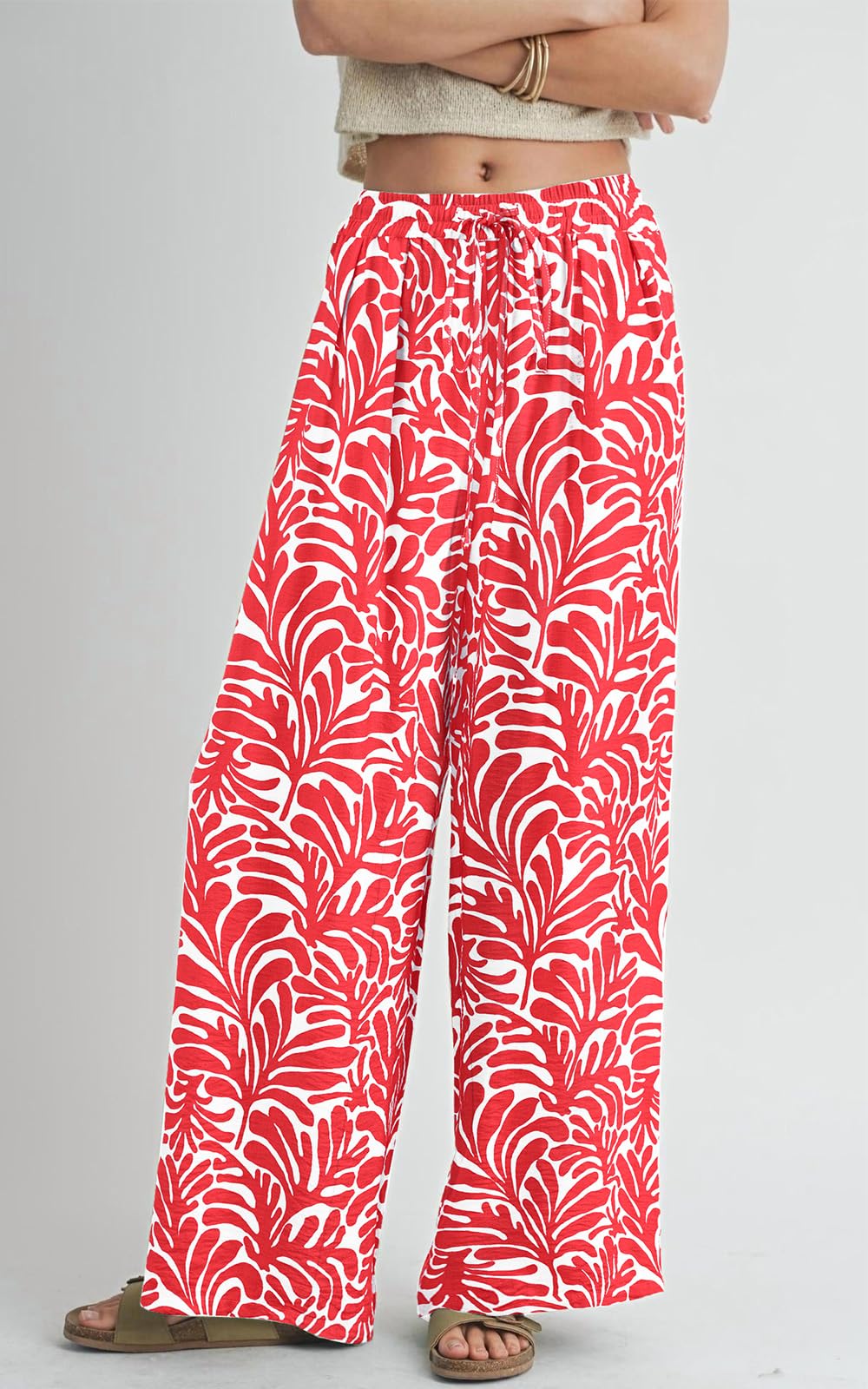 PRETTYGARDEN Womens Pants Elastic Waist Floral Lightweight Palazzo Pants for Women Casual Lounge Wide Leg Pants Woman