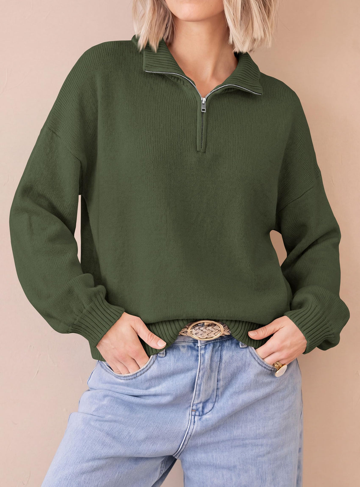 PRETTYGARDEN Women's Quarter Zip Pullover Oversized Sweaters Collared Neck, Long Balloon Sleeve, Jumper Tops, Soft Cozy Knit, Ribbed Hem, Loose Fit, Fall Outfits, Winter Fashion Clothing