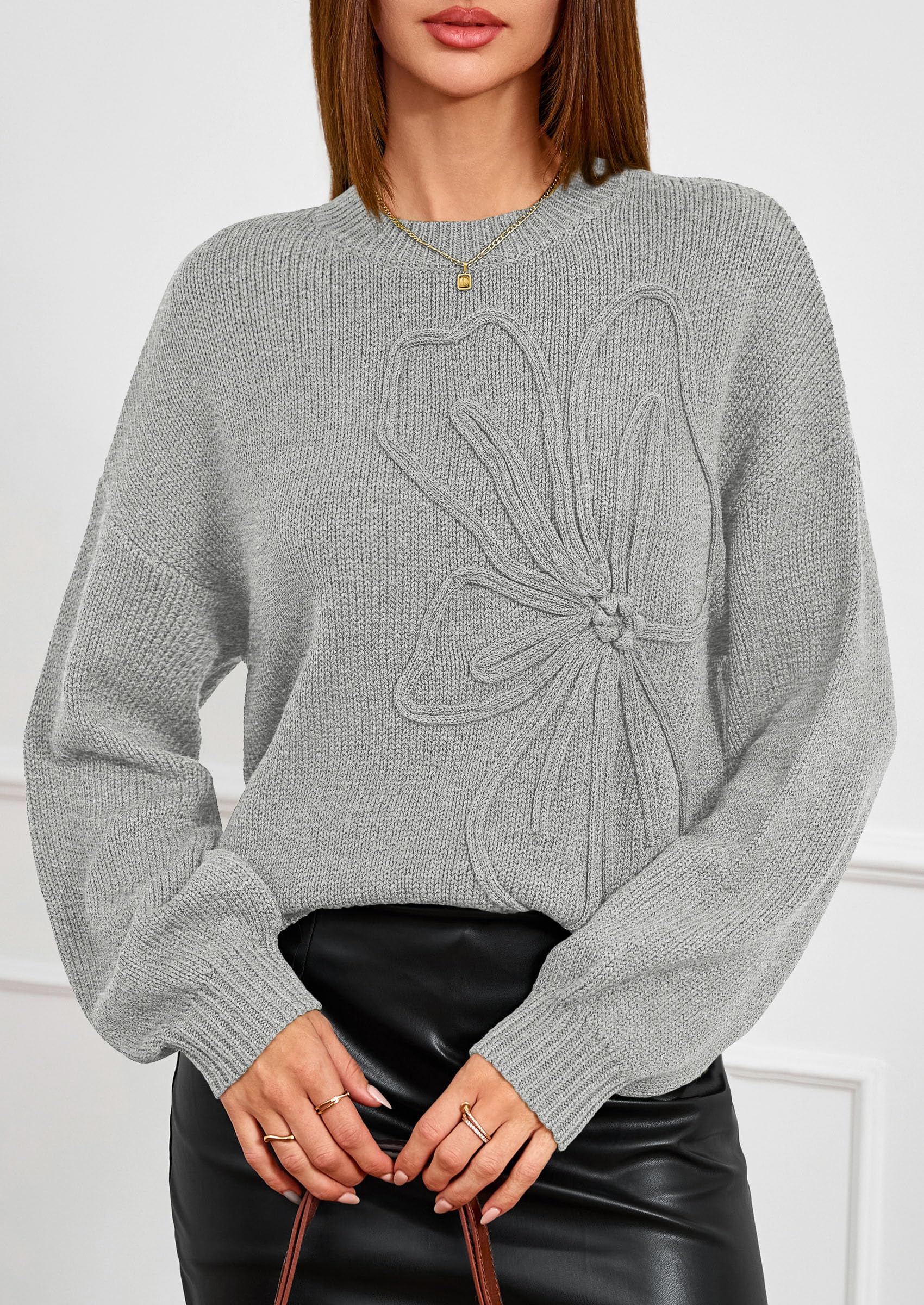 PRETTYGARDEN Womens Sweaters  Fall Fashion Long Sleeve Crewneck Floral Knit Pullover Sweater Tops Winter Clothes