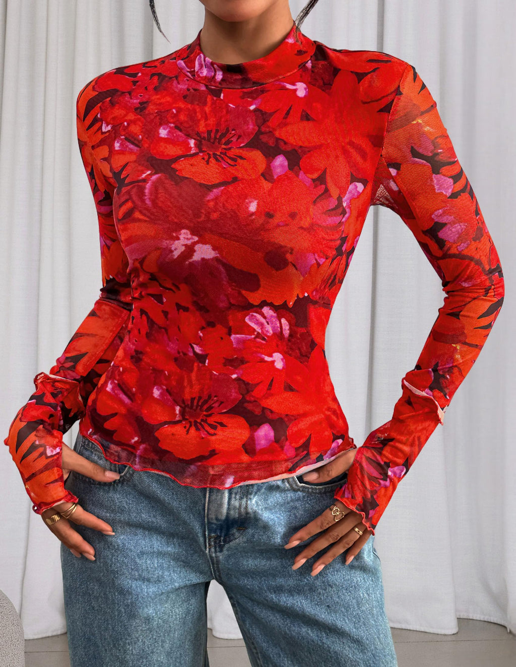 PRETTYGARDEN Womens Fall Mesh Floral Blouses Long Sleeve Going Out Tops Slim Fitted Shirts Date Night Outfits