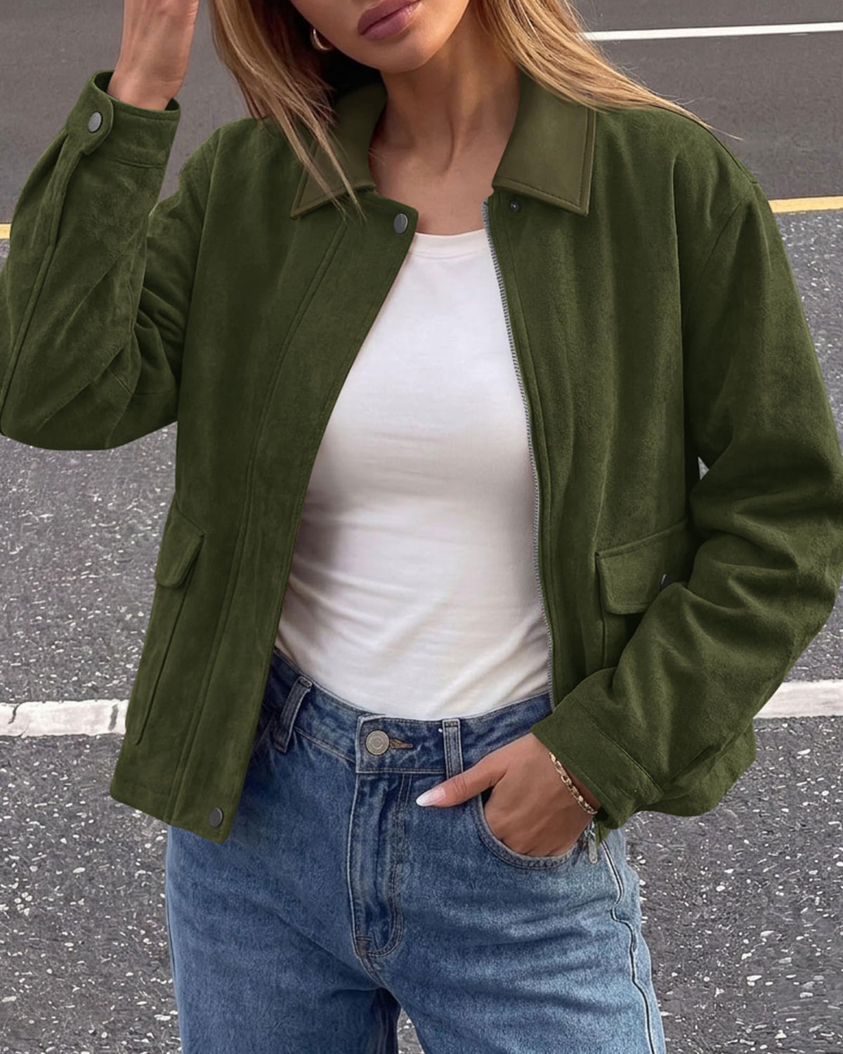 BTFBM Faux Suede Jacket Women Leather Lapel Zip Up Fall Outfits Button Down Long Sleeve Outerwear With Flap Pockets, Early Winter Coats, Motorcycle Jackets, Western Country Concert Outfits