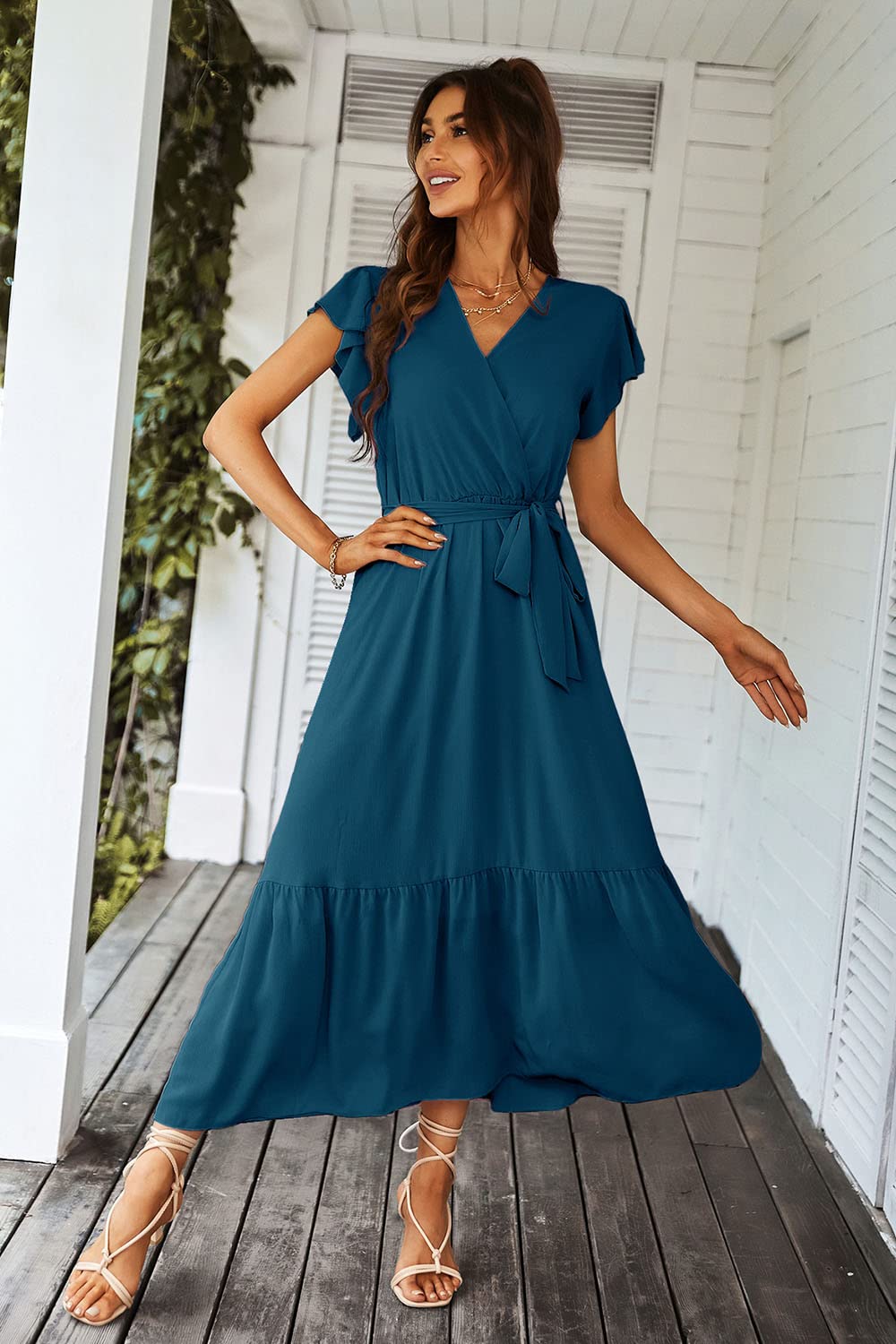 PRETTYGARDEN Women's Summer Floral Boho Maxi Dress Wrap Short Sleeve V Neck Ruffle A-Line Flowy Wedding Guest Long Dresses
