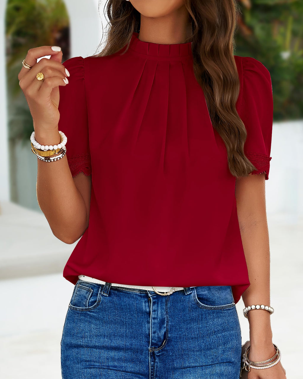 FreshPretty Women's Dressy Casual Blouses Business Work Tops Lace Trim Short Sleeve Office Shirts Summer Spring Outfits