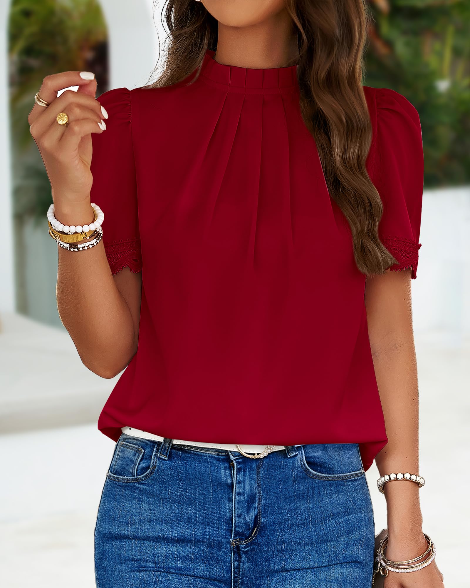 FreshPretty Women's Dressy Casual Blouses Business Work Tops Lace Trim Short Sleeve Office Shirts Summer Spring Outfits