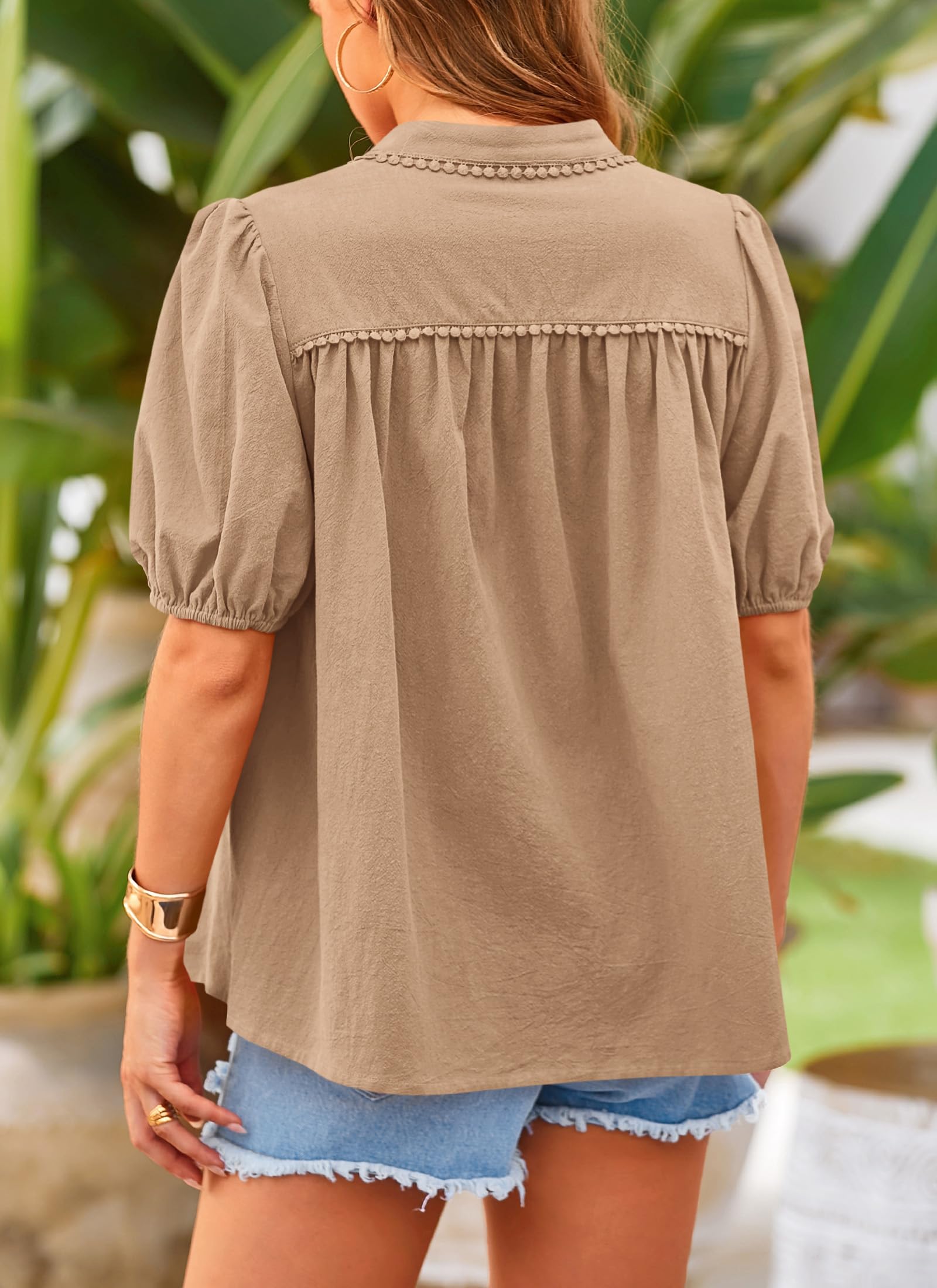 PRETTYGARDEN Women's Summer Button Down Shirts Short Lantern Sleeve V Neck Cotton Cute Dressy Casual Ladies Tops Blouses