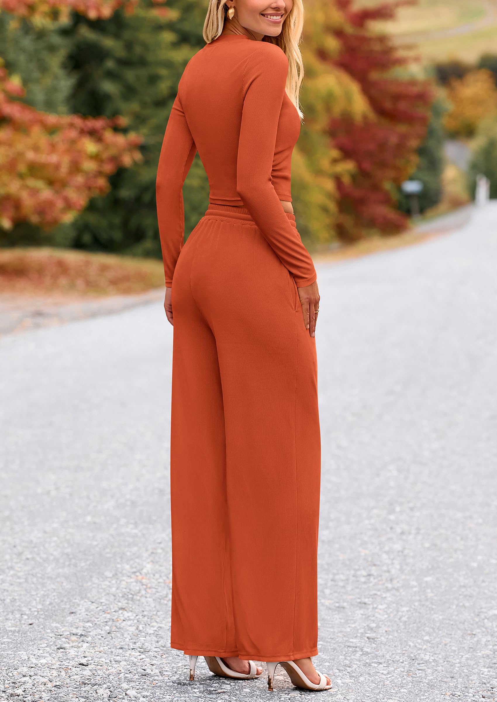 PRETTYGARDEN Women's 2 Piece Loungewear Long Sleeve Crop Top Wide Leg Palazzo Pants Set Tracksuits Casual Outfit