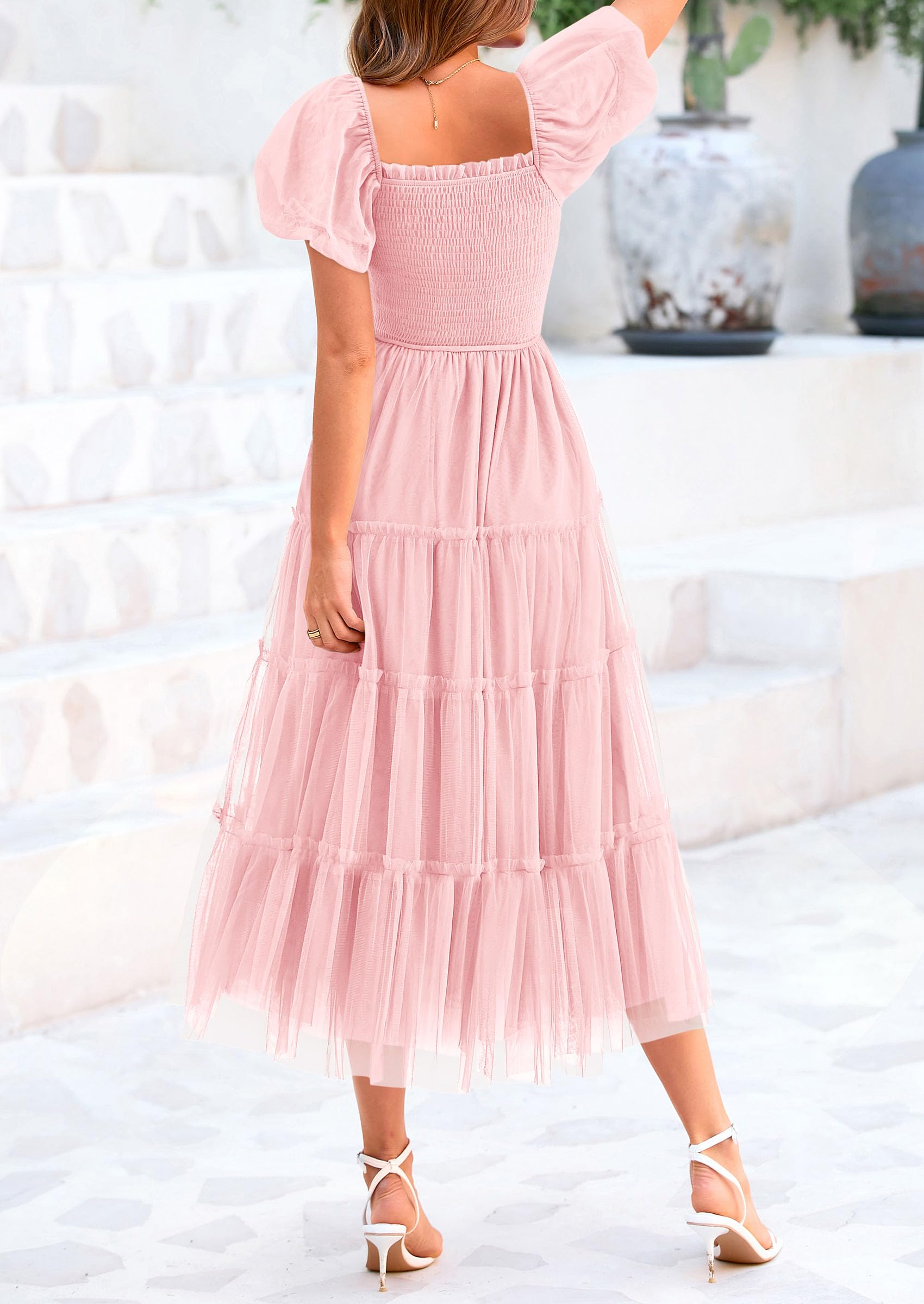 PRETTYGARDEN Women's Smocked Midi Tulle Dress  Summer Puffy Short Sleeve Square Neck Ruffle Wedding Guest Party Dresses